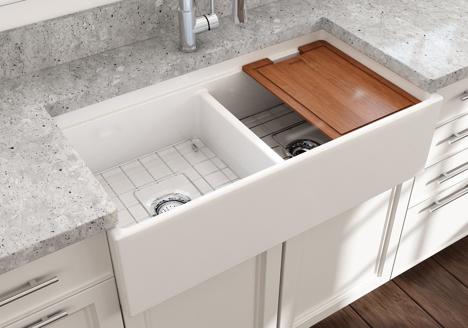 Contempo Step-Rim Apron Front Fireclay 36 in. Double Bowl Kitchen Sink with Integrated Work Station & Accessories 1348