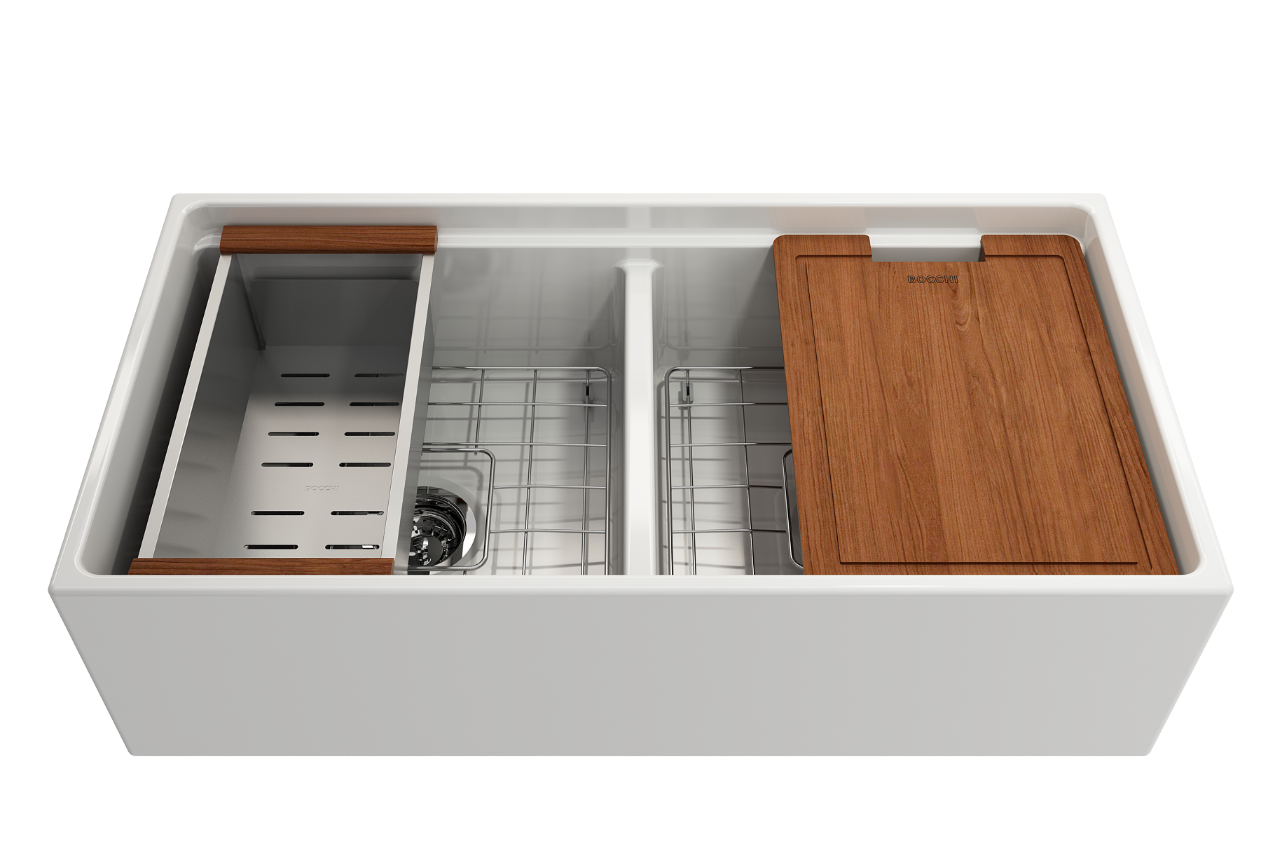 Contempo Step-Rim Apron Front Fireclay 36 in. Double Bowl Kitchen Sink with Integrated Work Station & Accessories 1348