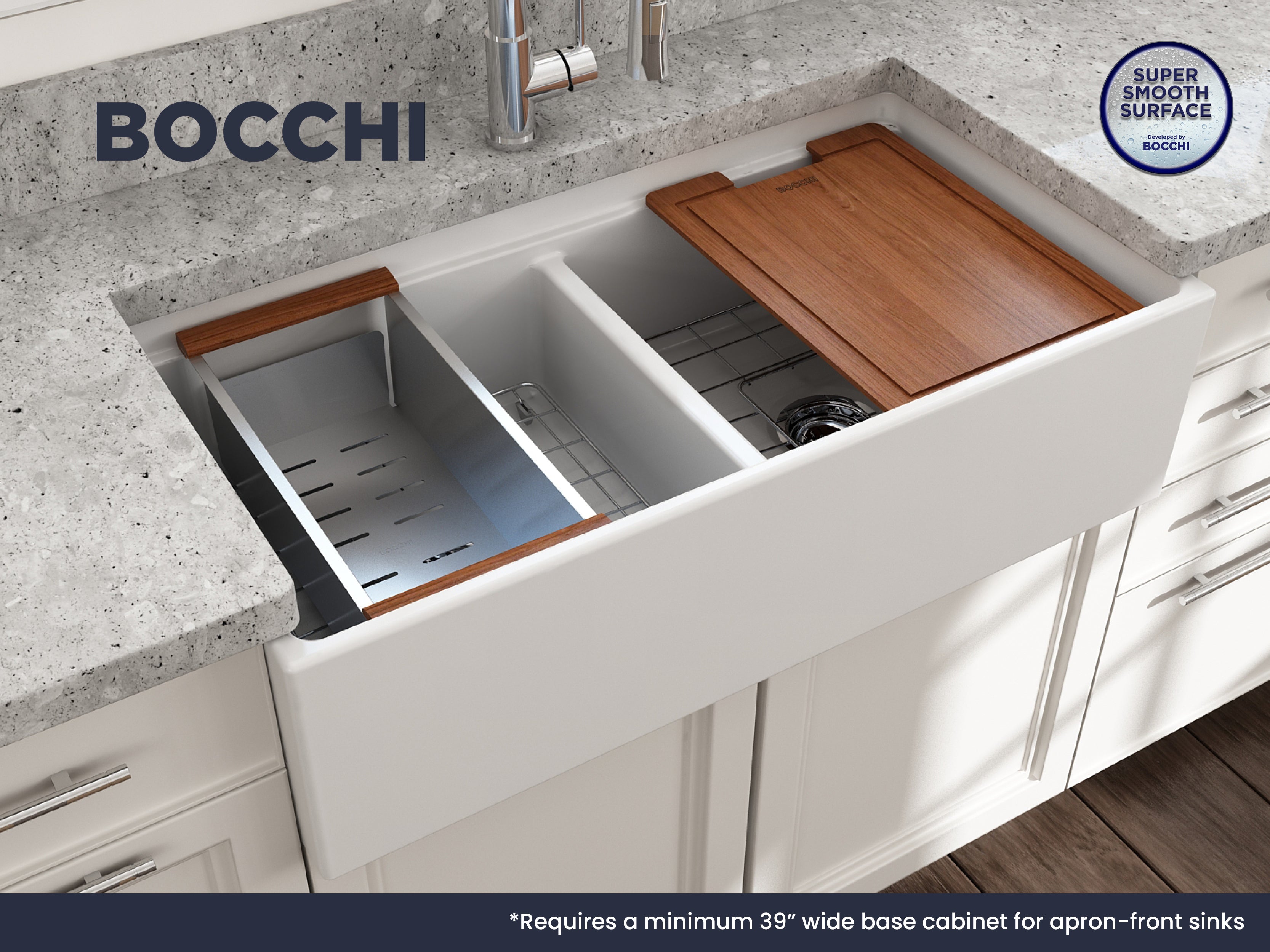Contempo Step-Rim Apron Front Fireclay 36 in. Double Bowl Kitchen Sink with Integrated Work Station & Accessories 1348