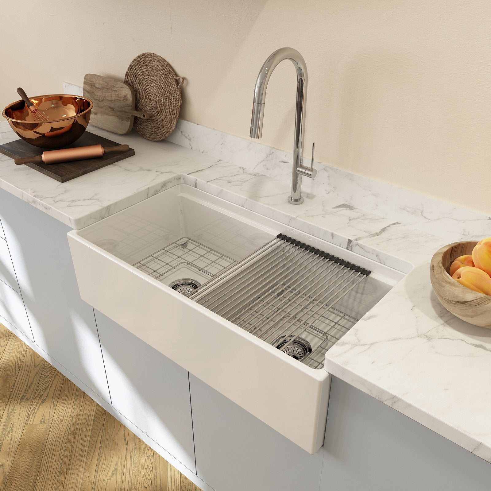 Contempo Step-Rim Apron Front Fireclay 36 in. Double Bowl Kitchen Sink with Integrated Work Station & Accessories 1348