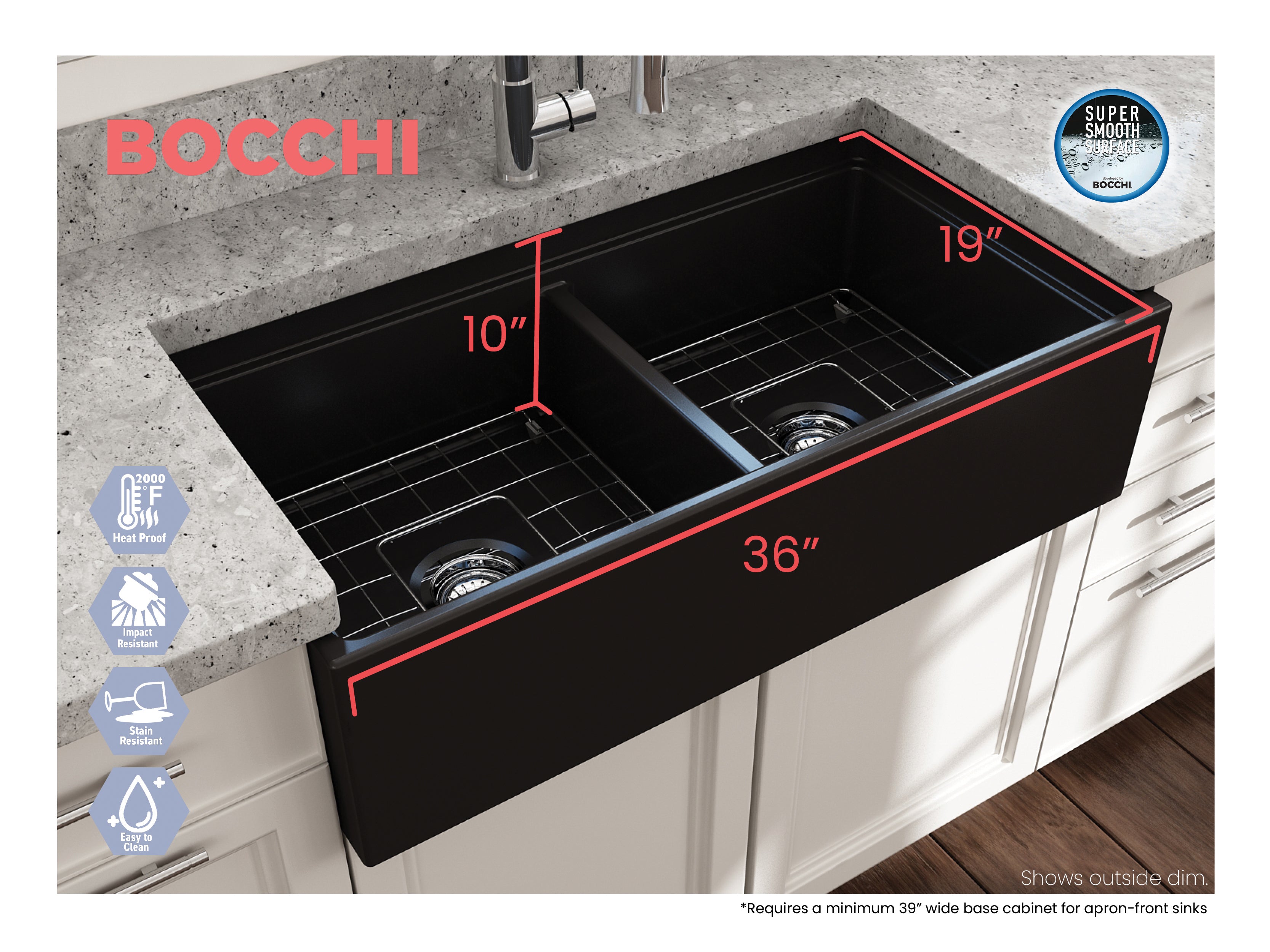 Contempo Step-Rim Apron Front Fireclay 36 in. Double Bowl Kitchen Sink with Integrated Work Station & Accessories 1348