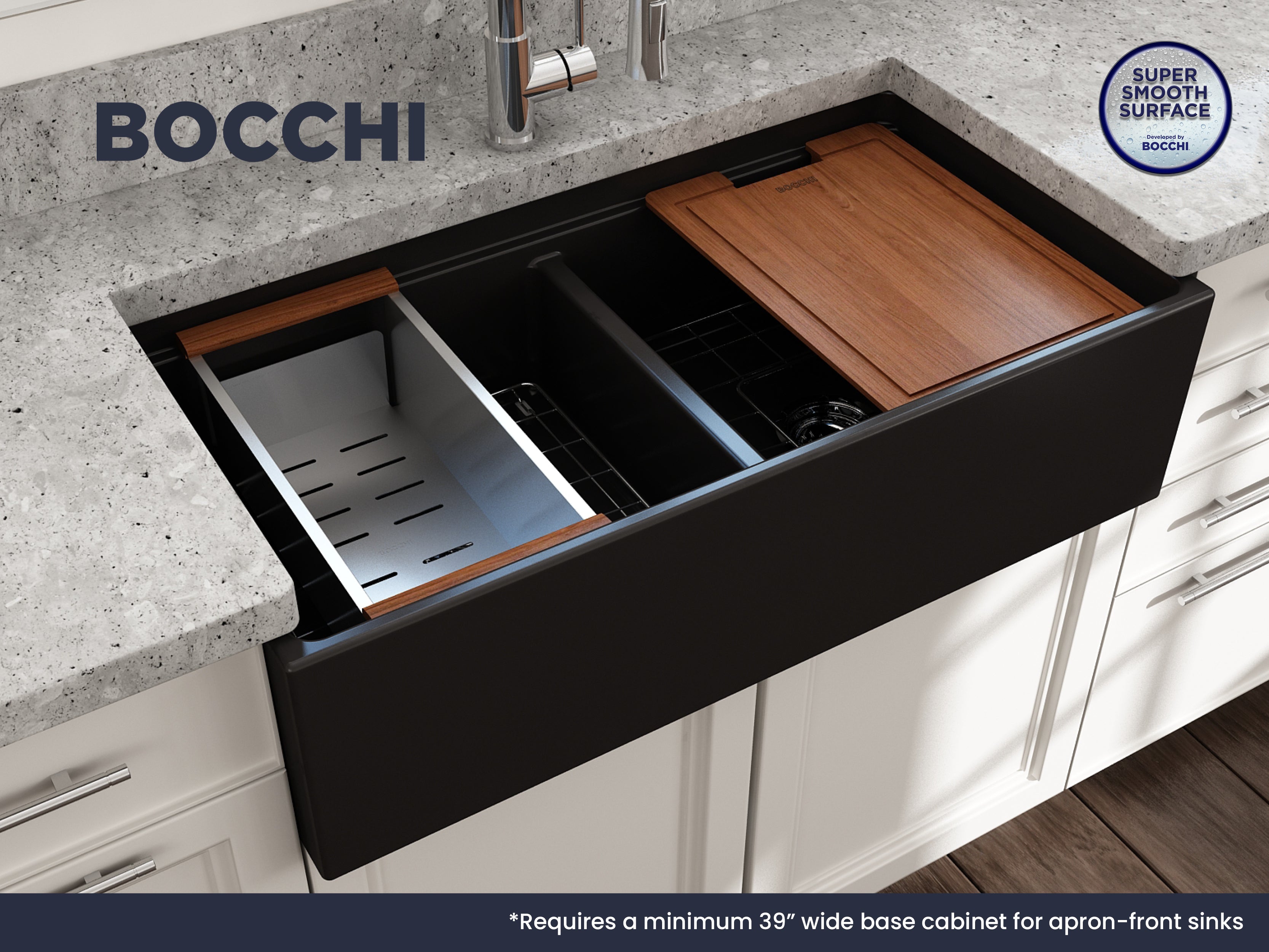 Contempo Step-Rim Apron Front Fireclay 36 in. Double Bowl Kitchen Sink with Integrated Work Station & Accessories 1348