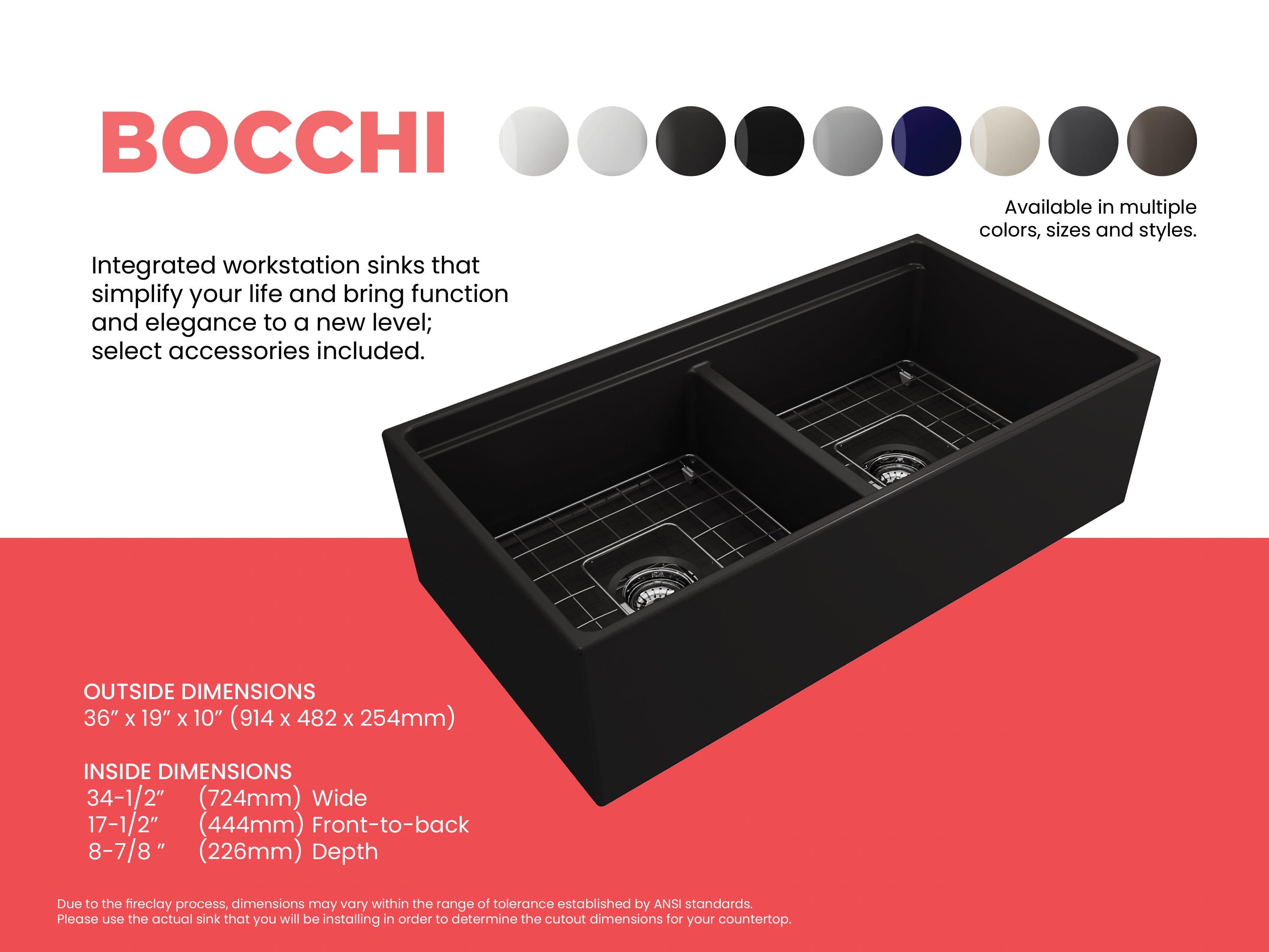 Contempo Step-Rim Apron Front Fireclay 36 in. Double Bowl Kitchen Sink with Integrated Work Station & Accessories 1348