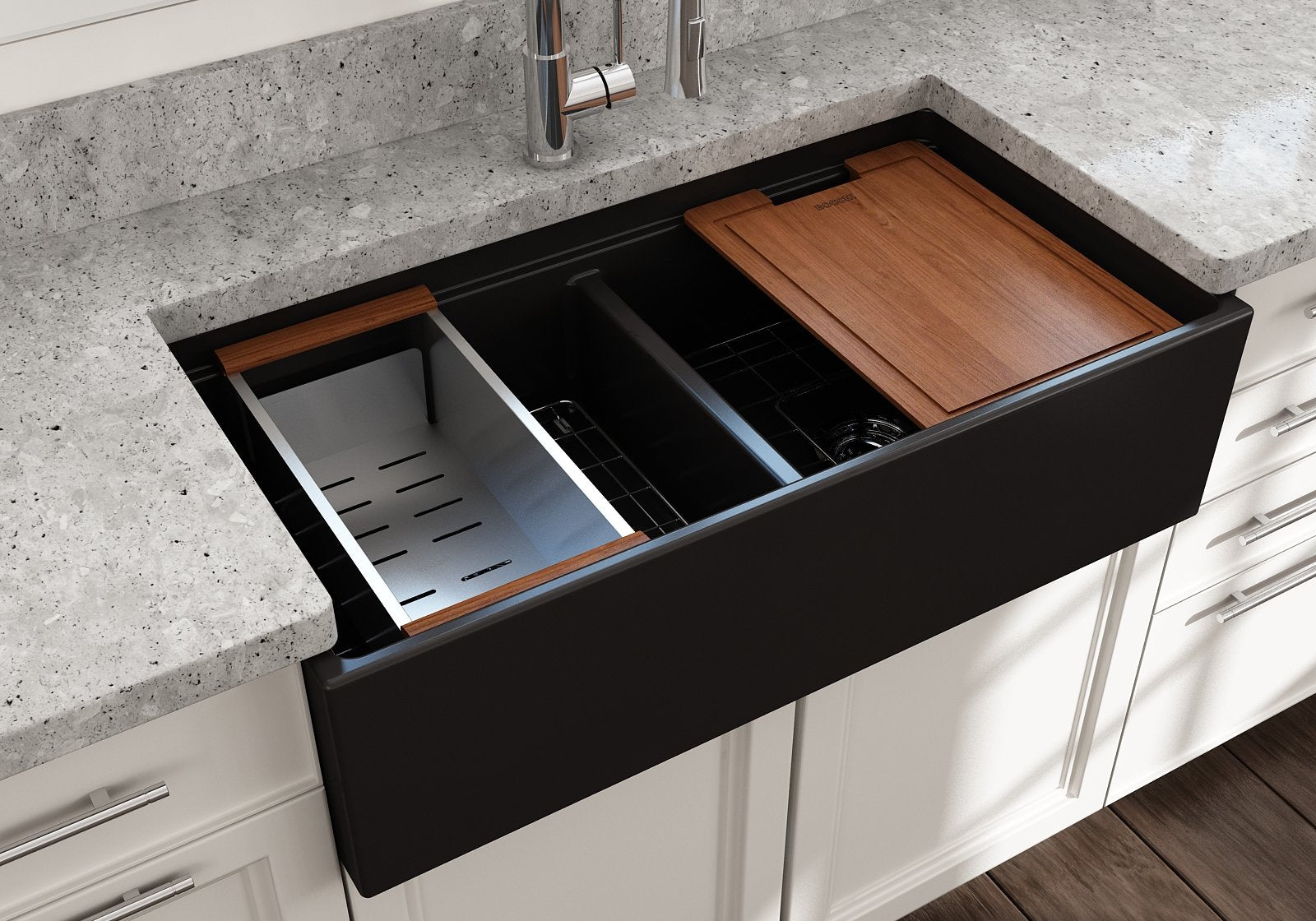 Contempo Step-Rim Apron Front Fireclay 36 in. Double Bowl Kitchen Sink with Integrated Work Station & Accessories 1348