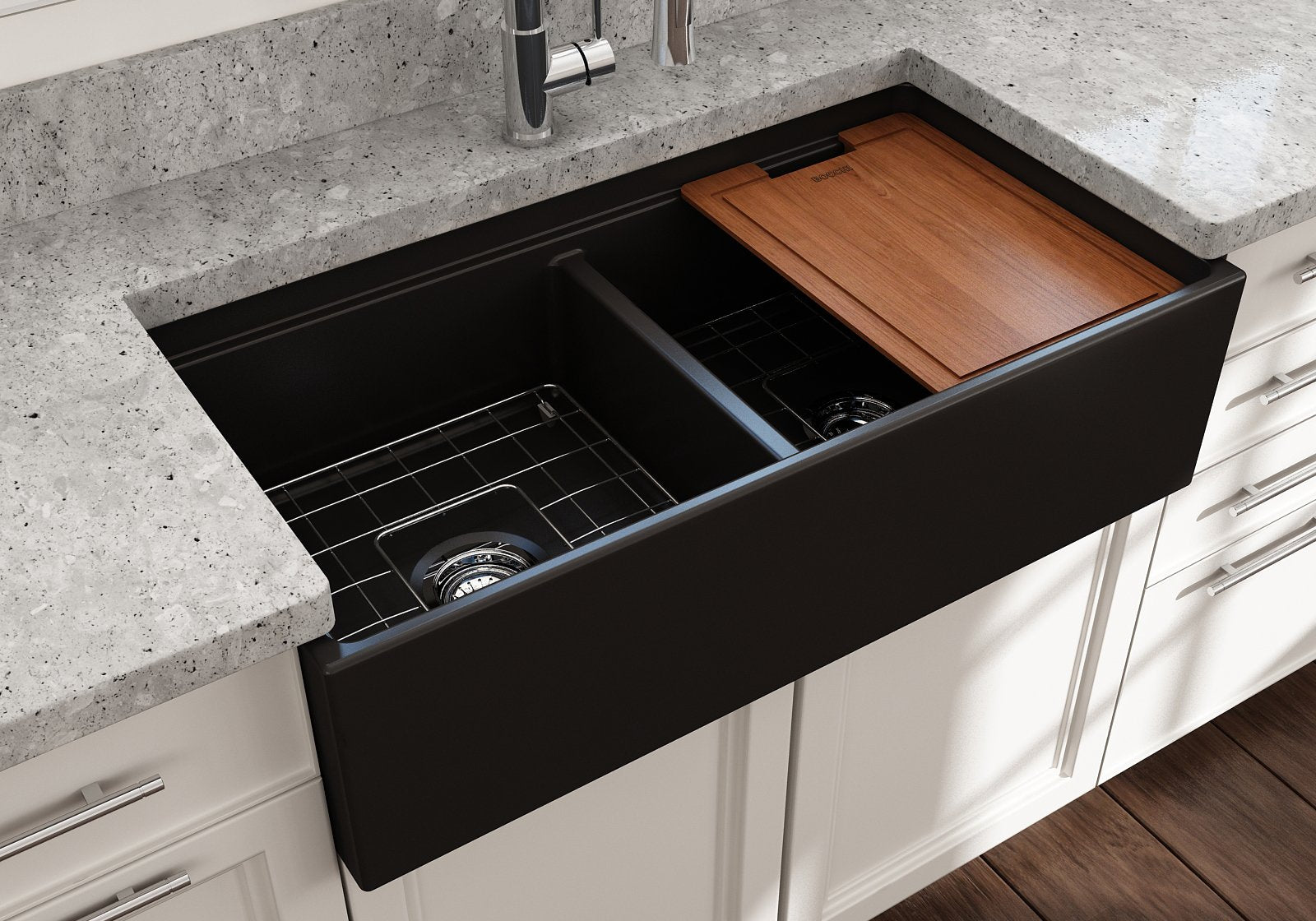 Contempo Step-Rim Apron Front Fireclay 36 in. Double Bowl Kitchen Sink with Integrated Work Station & Accessories 1348