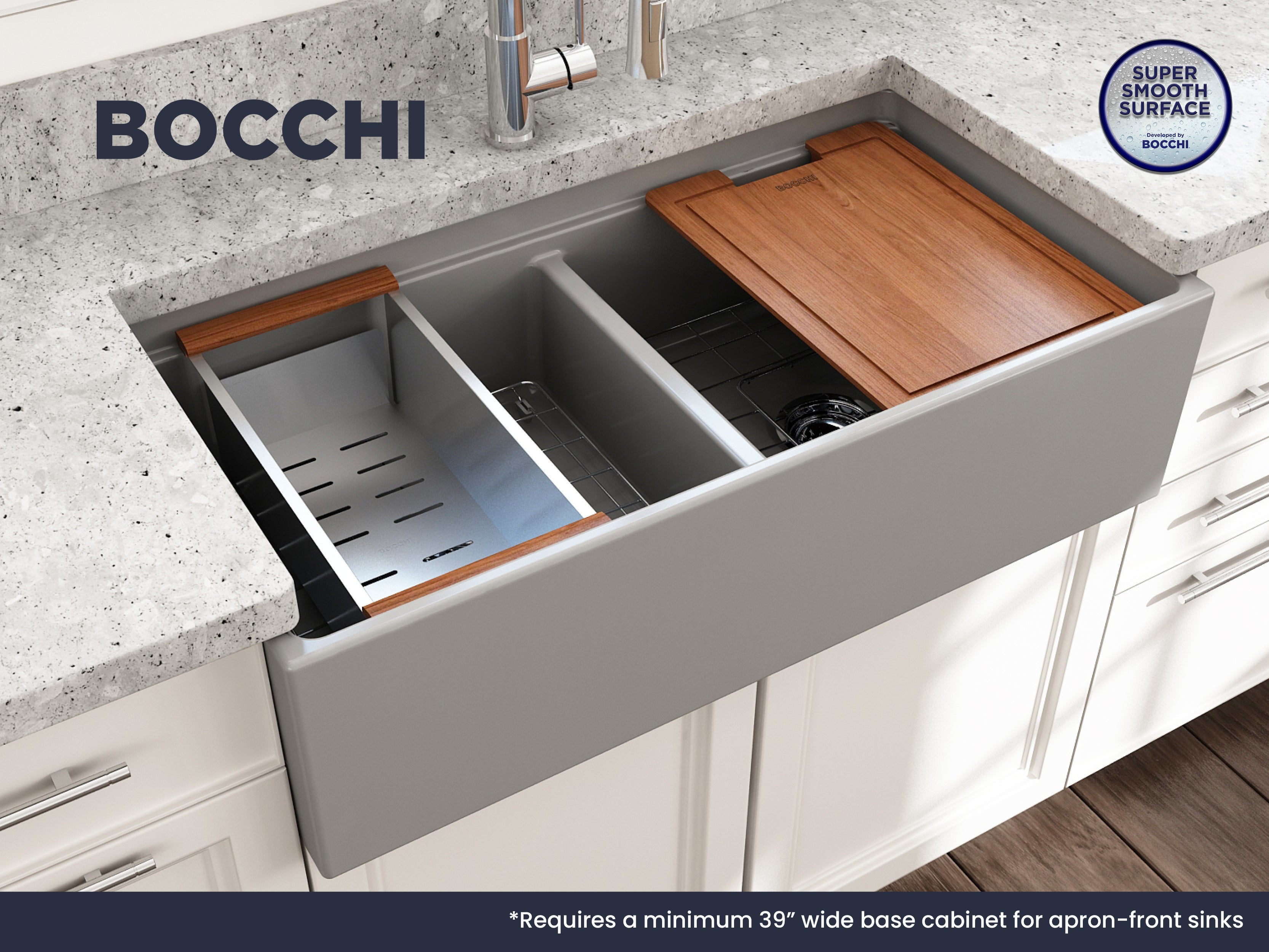 Contempo Step-Rim Apron Front Fireclay 36 in. Double Bowl Kitchen Sink with Integrated Work Station & Accessories 1348