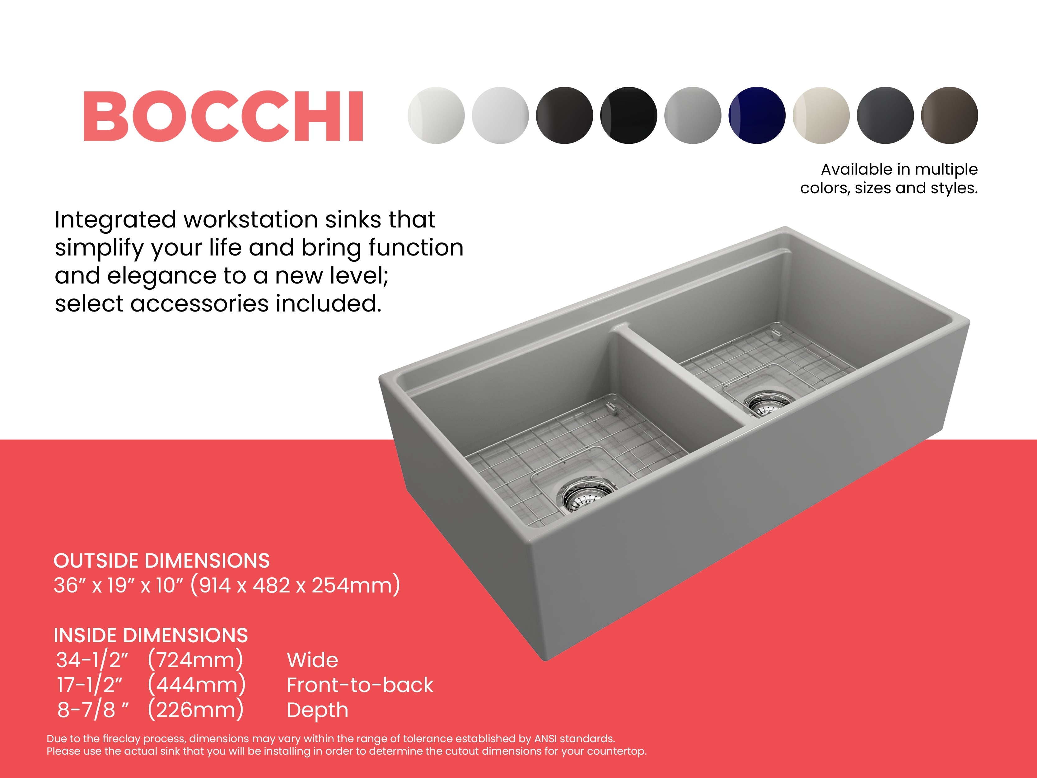 Contempo Step-Rim Apron Front Fireclay 36 in. Double Bowl Kitchen Sink with Integrated Work Station & Accessories 1348