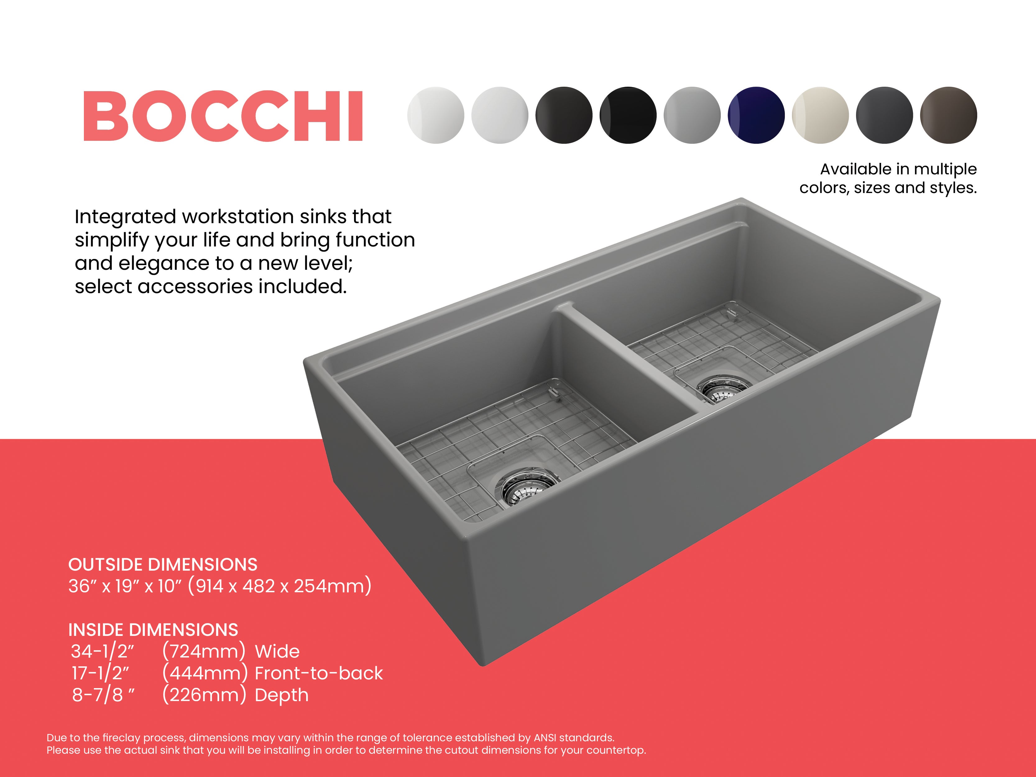 Contempo Step-Rim Apron Front Fireclay 36 in. Double Bowl Kitchen Sink with Integrated Work Station & Accessories 1348