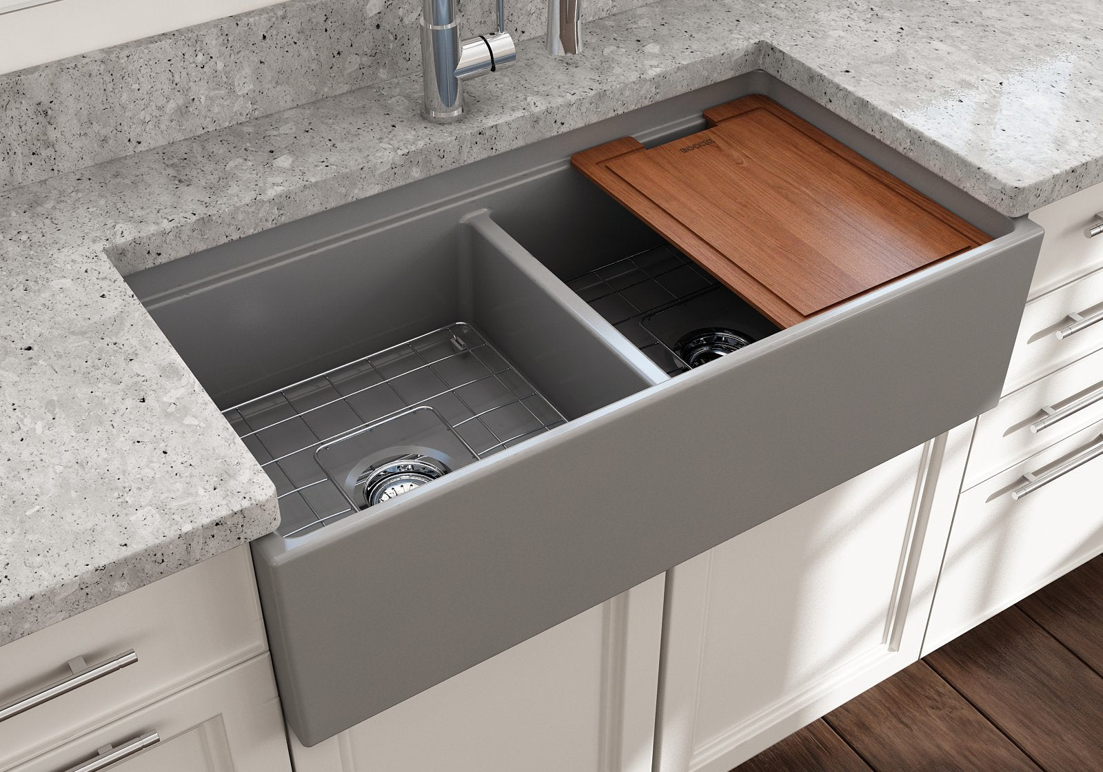 Contempo Step-Rim Apron Front Fireclay 36 in. Double Bowl Kitchen Sink with Integrated Work Station & Accessories 1348