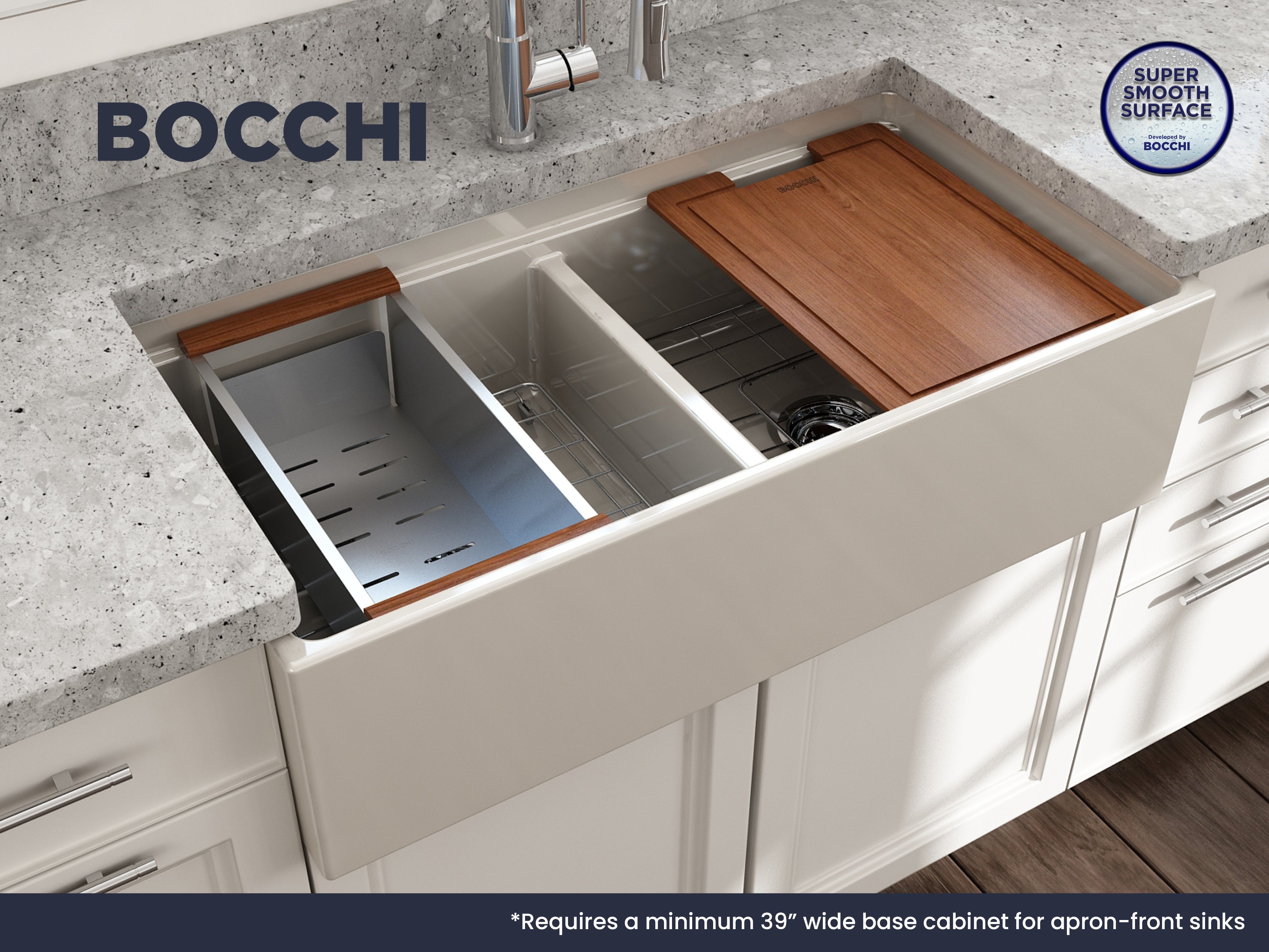 Contempo Step-Rim Apron Front Fireclay 36 in. Double Bowl Kitchen Sink with Integrated Work Station & Accessories 1348