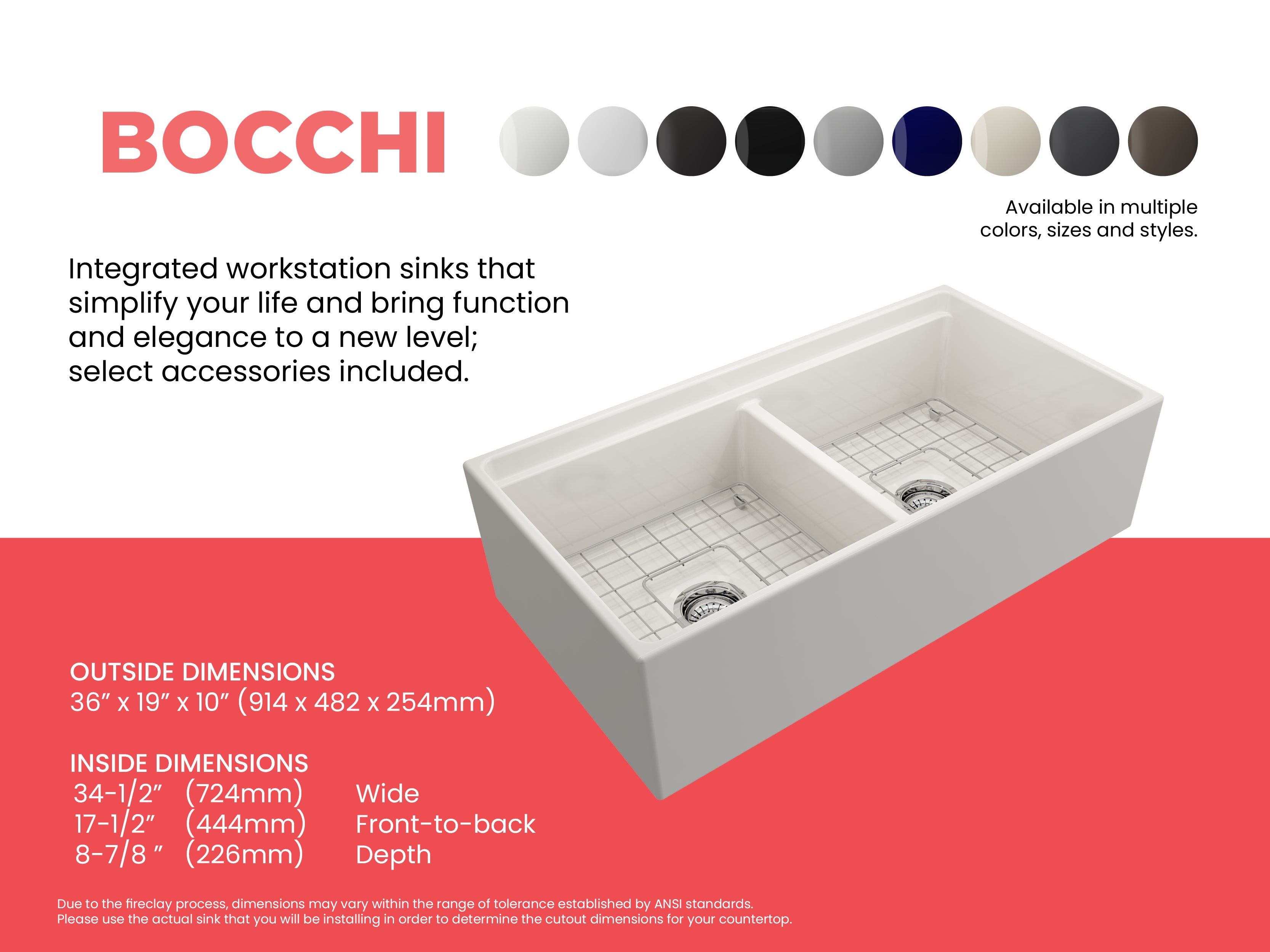 Contempo Step-Rim Apron Front Fireclay 36 in. Double Bowl Kitchen Sink with Integrated Work Station & Accessories 1348
