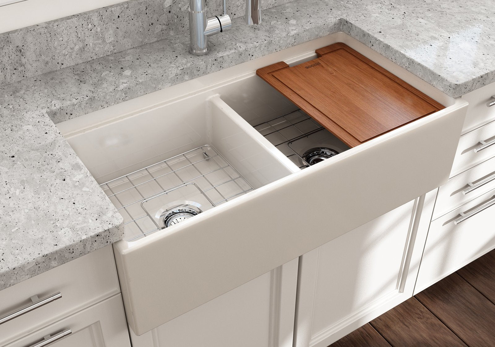 Contempo Step-Rim Apron Front Fireclay 36 in. Double Bowl Kitchen Sink with Integrated Work Station & Accessories 1348