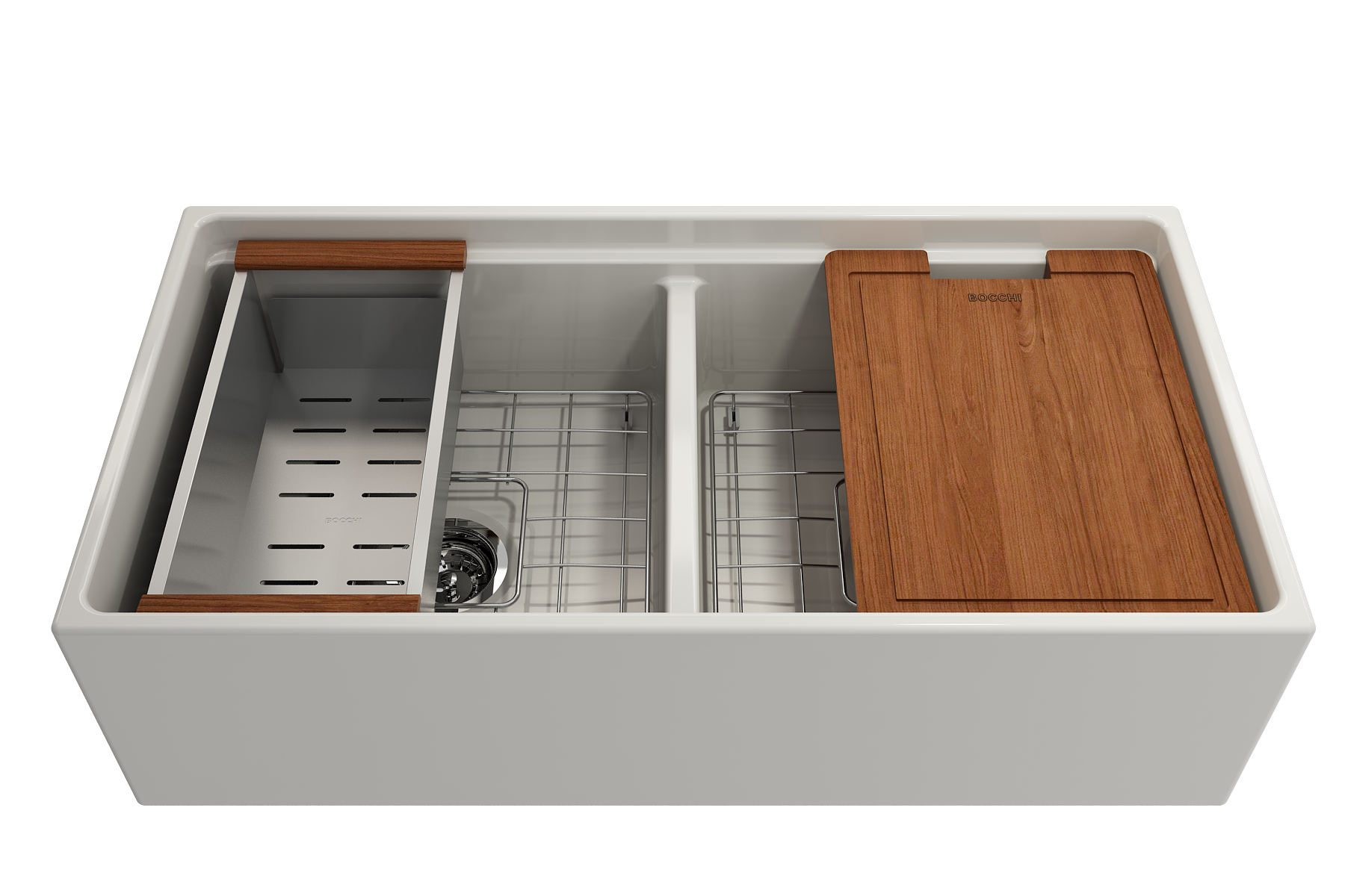 Contempo Step-Rim Apron Front Fireclay 36 in. Double Bowl Kitchen Sink with Integrated Work Station & Accessories 1348