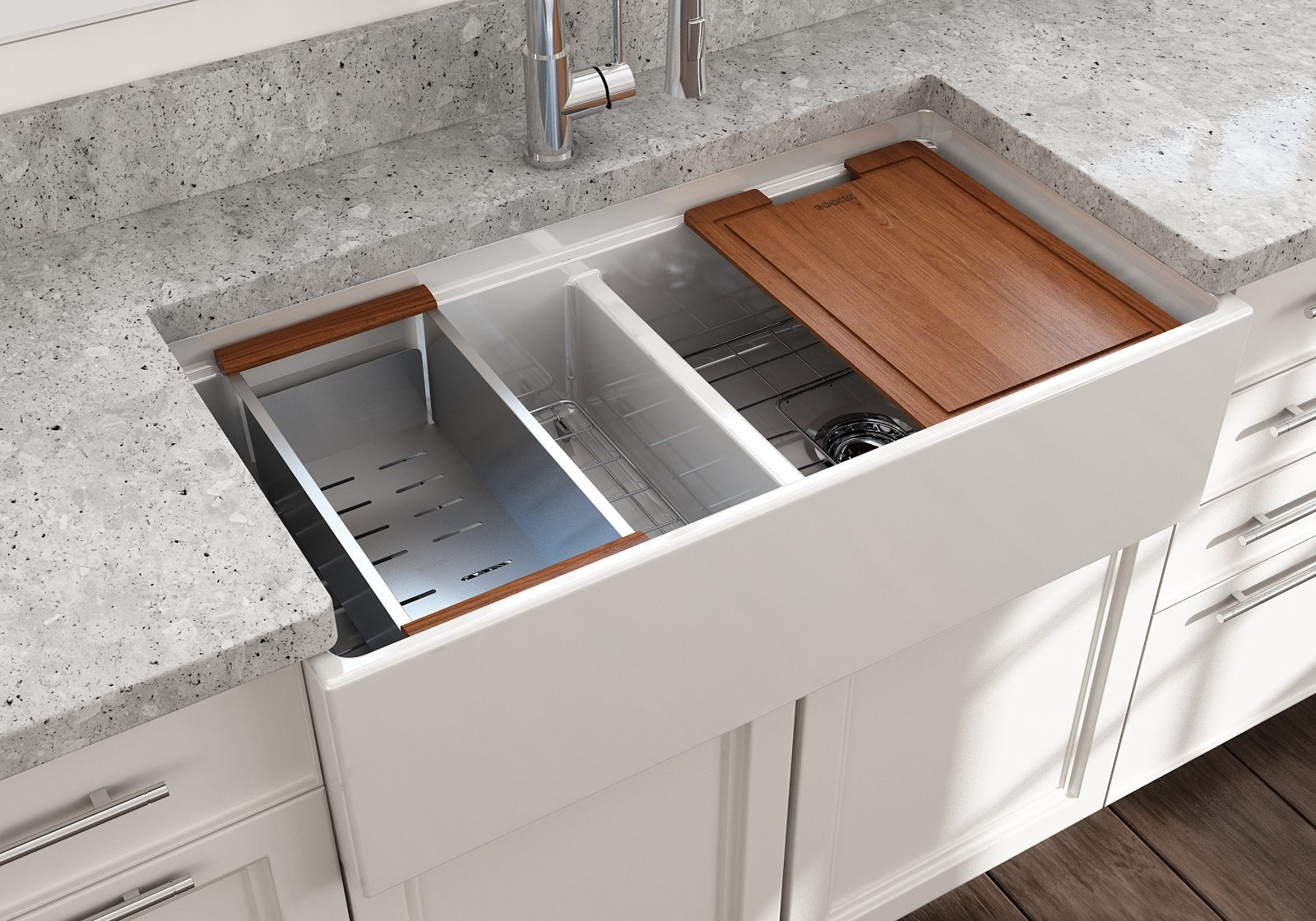 Contempo Step-Rim Apron Front Fireclay 36 in. Double Bowl Kitchen Sink with Integrated Work Station & Accessories 1348