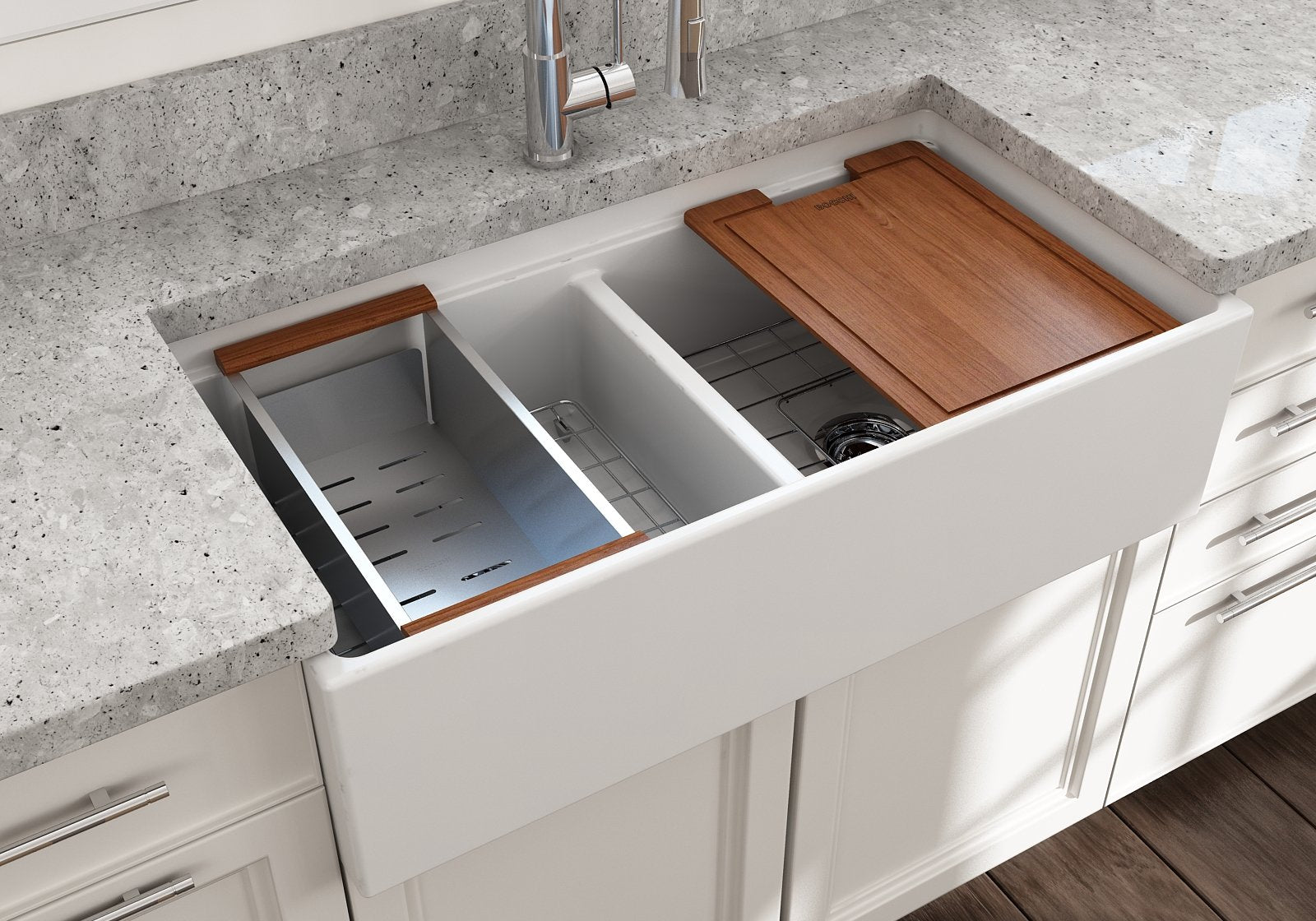 Contempo Step-Rim Apron Front Fireclay 36 in. Double Bowl Kitchen Sink with Integrated Work Station & Accessories 1348