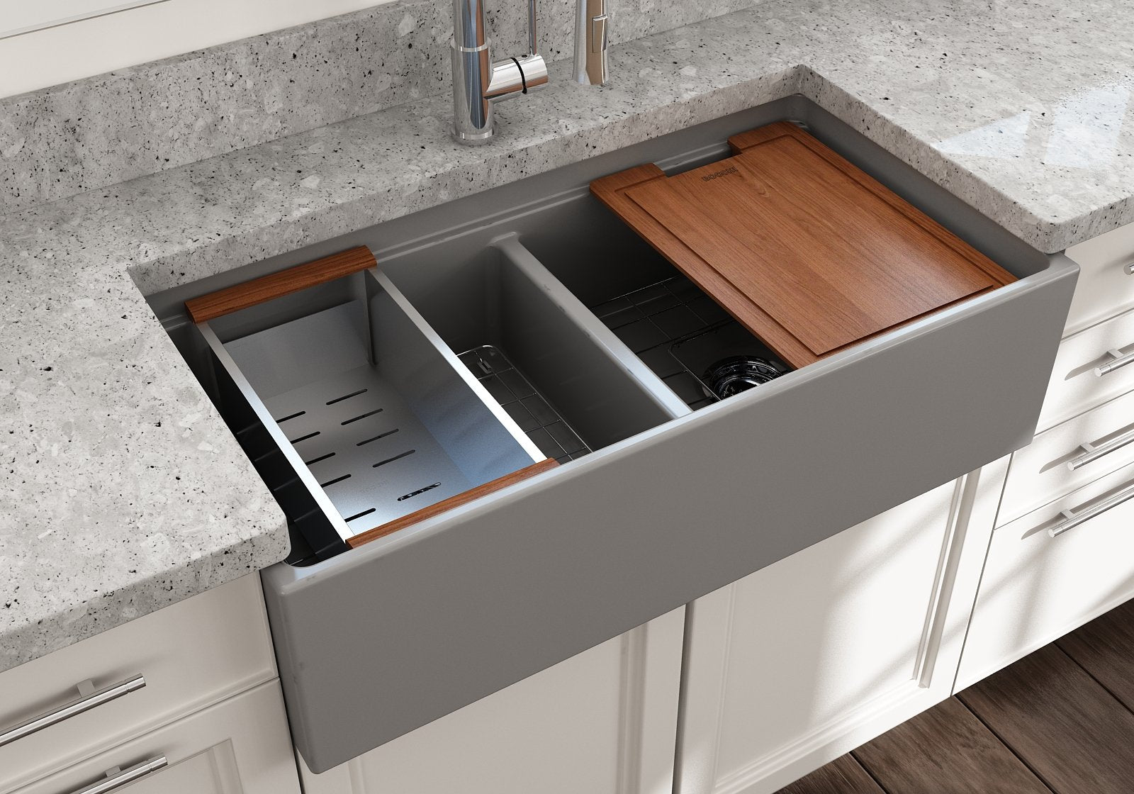 Contempo Step-Rim Apron Front Fireclay 36 in. Double Bowl Kitchen Sink with Integrated Work Station & Accessories 1348
