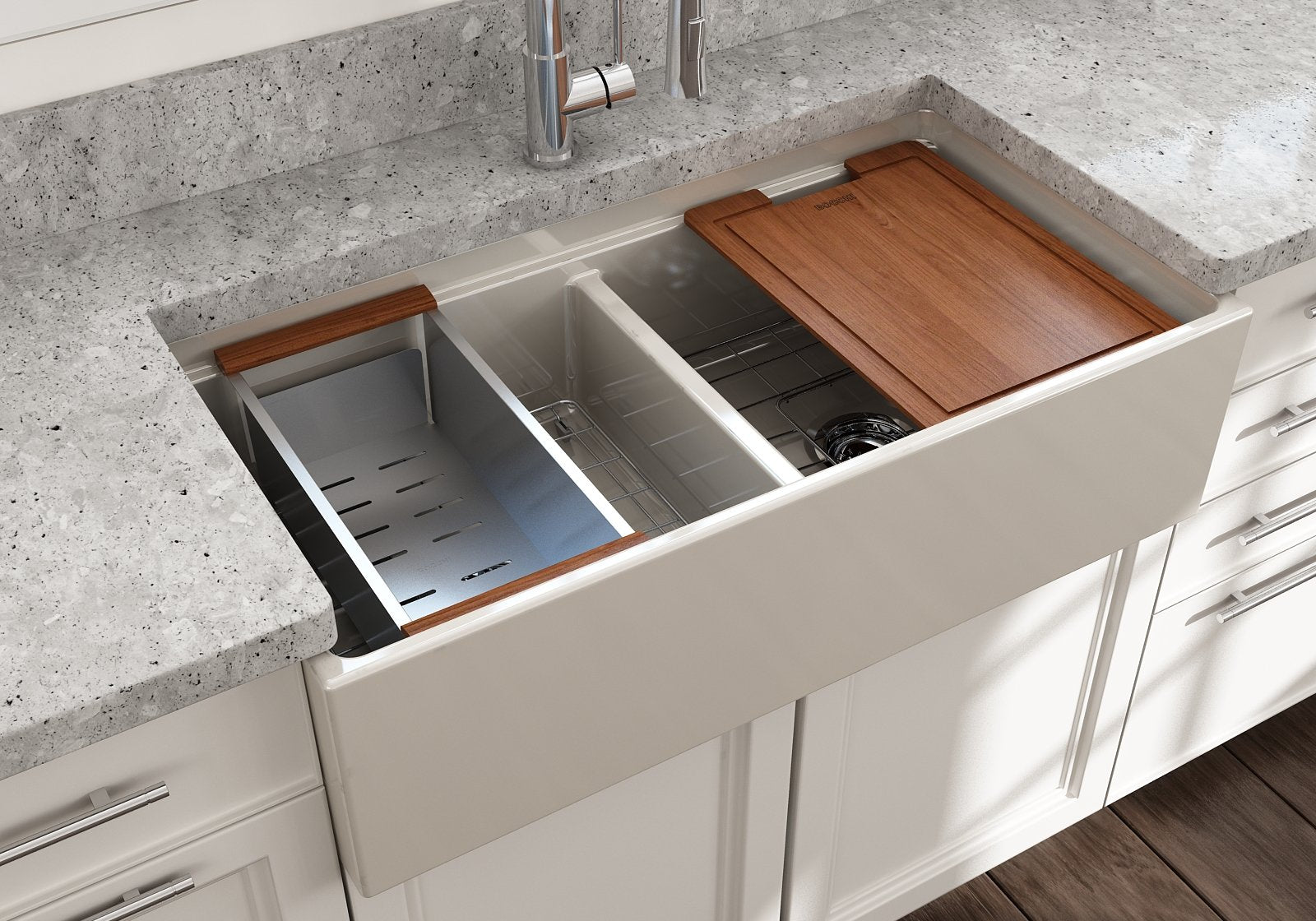 Contempo Step-Rim Apron Front Fireclay 36 in. Double Bowl Kitchen Sink with Integrated Work Station & Accessories 1348