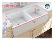 Contempo Apron Front Fireclay 36 in. Double Bowl Kitchen Sink with Protective Bottom Grids and Strainers 1350