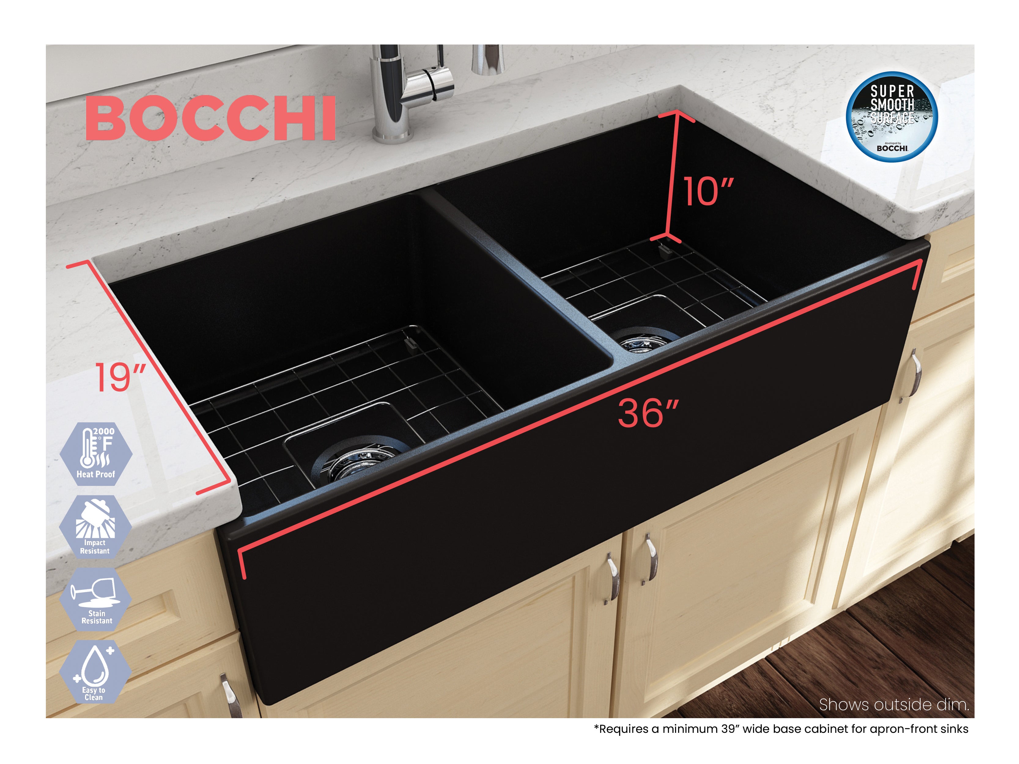 Contempo Apron Front Fireclay 36 in. Double Bowl Kitchen Sink with Protective Bottom Grids and Strainers 1350