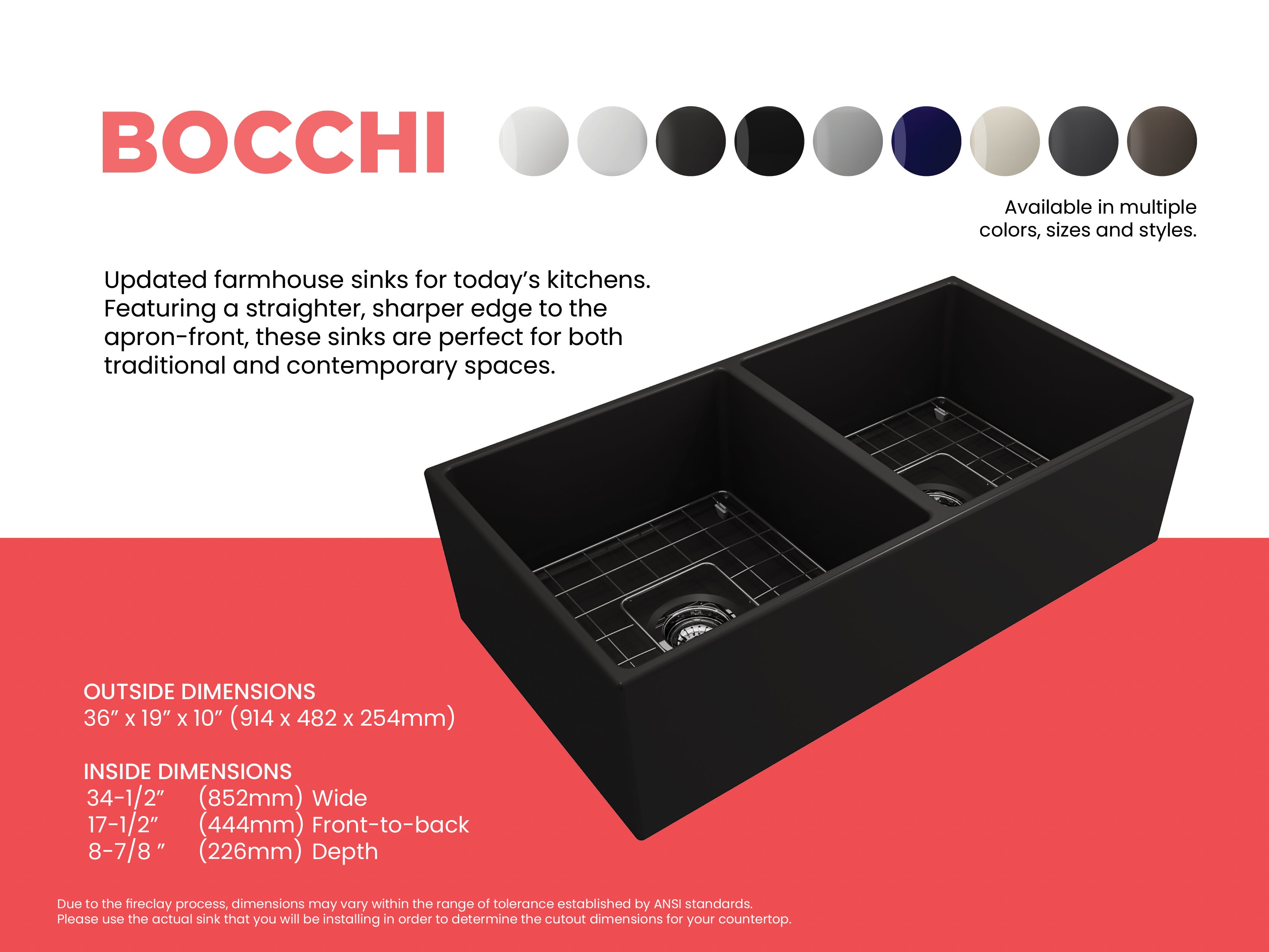 Contempo Apron Front Fireclay 36 in. Double Bowl Kitchen Sink with Protective Bottom Grids and Strainers 1350