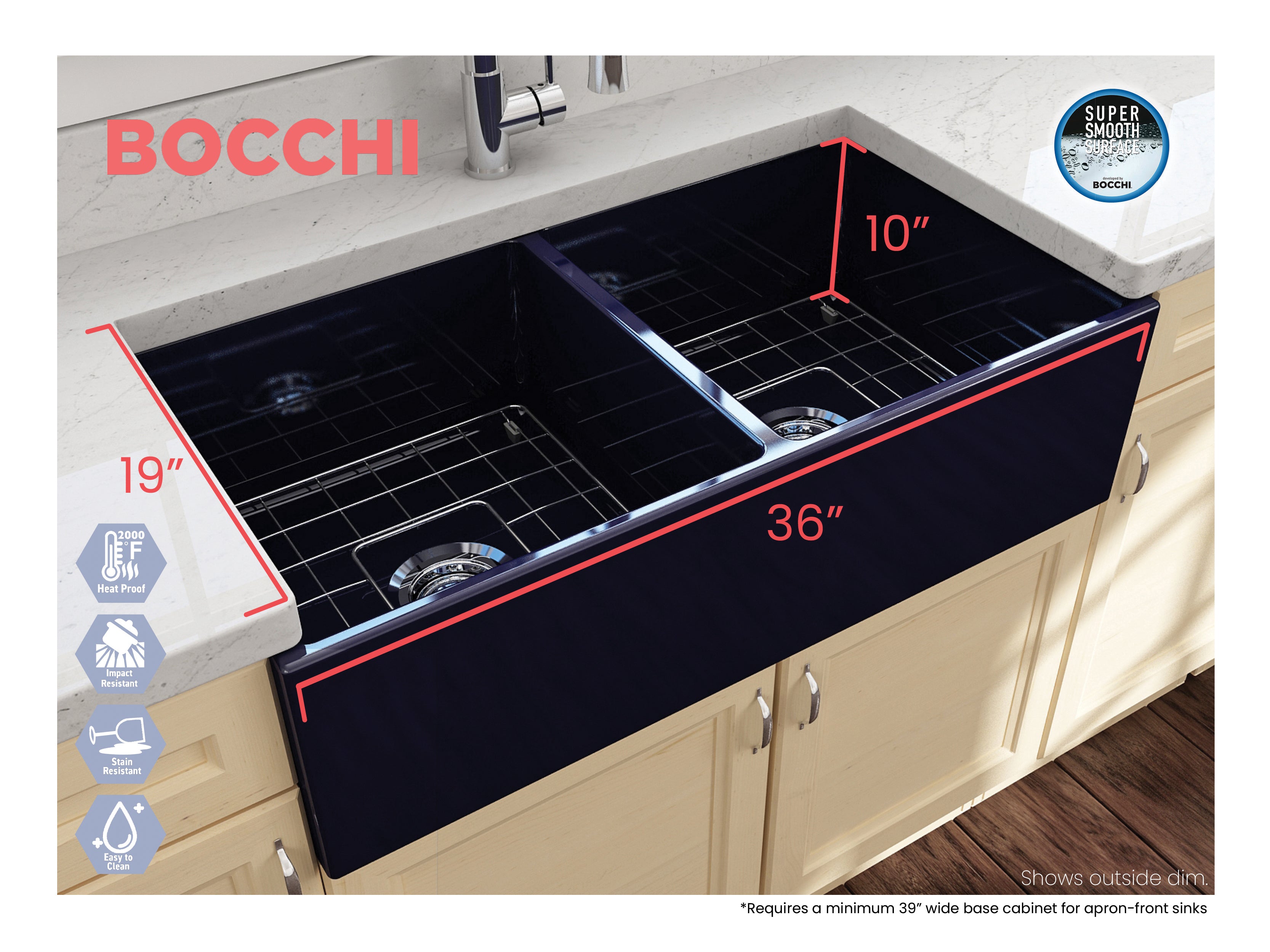 Contempo Apron Front Fireclay 36 in. Double Bowl Kitchen Sink with Protective Bottom Grids and Strainers 1350