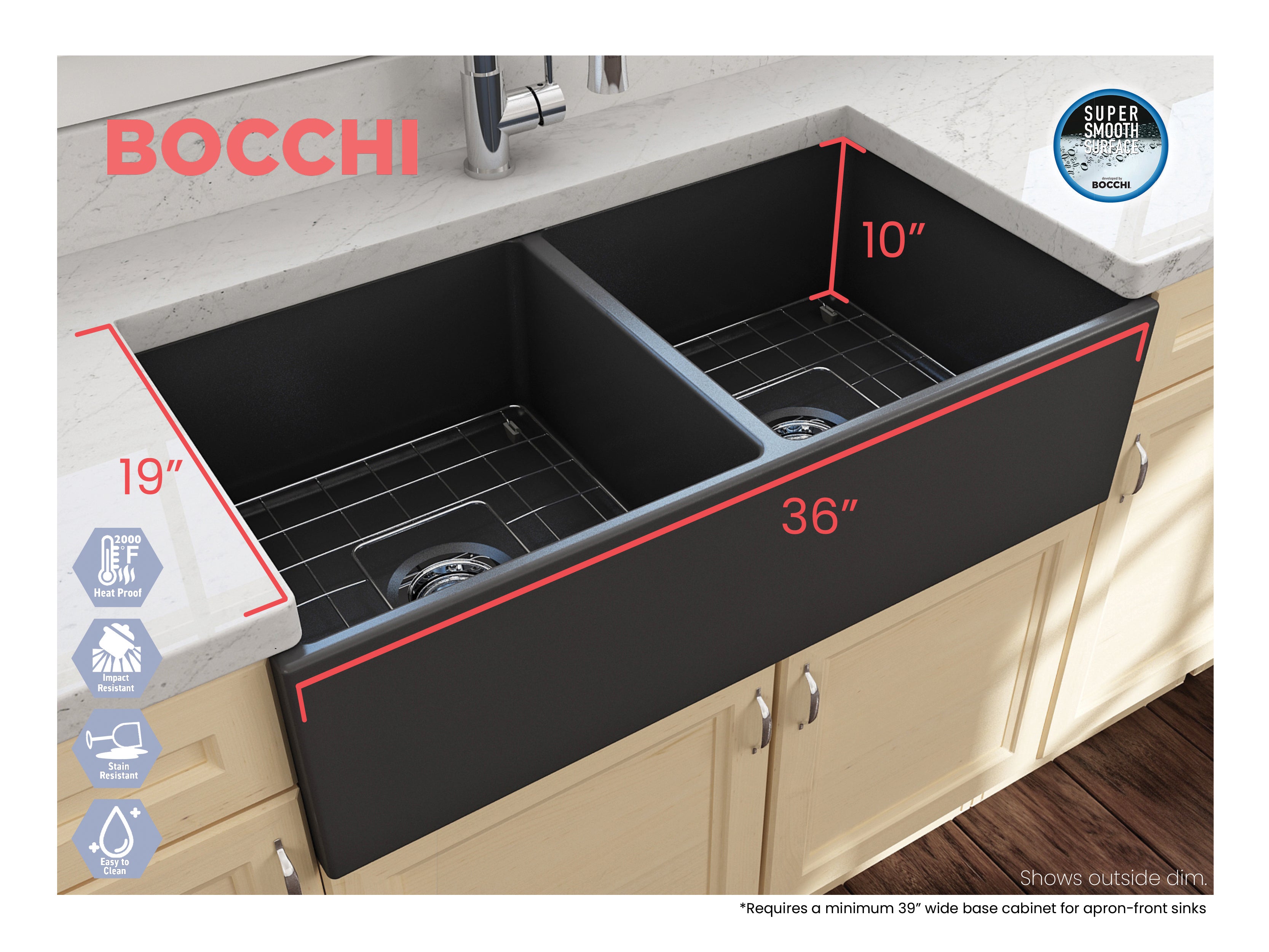 Contempo Apron Front Fireclay 36 in. Double Bowl Kitchen Sink with Protective Bottom Grids and Strainers 1350