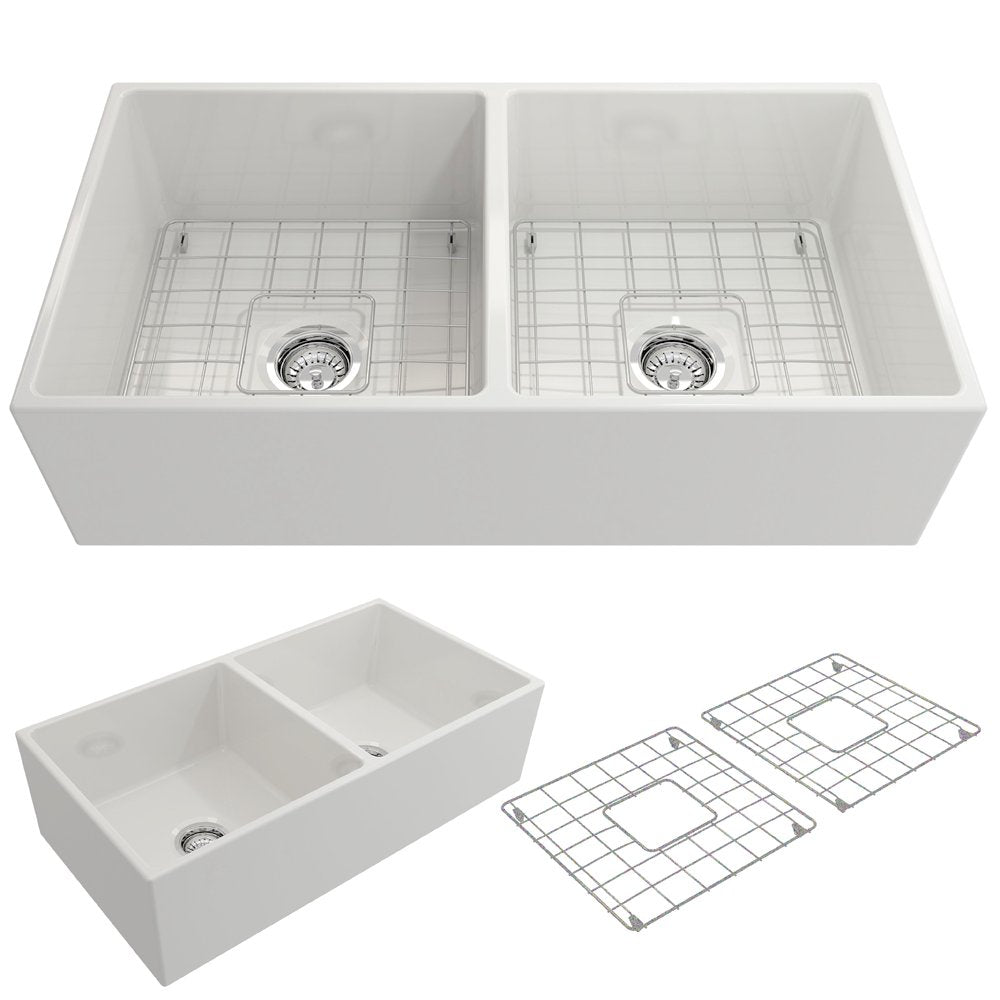 Contempo Apron Front Fireclay 36 in. Double Bowl Kitchen Sink with Protective Bottom Grids and Strainers 1350