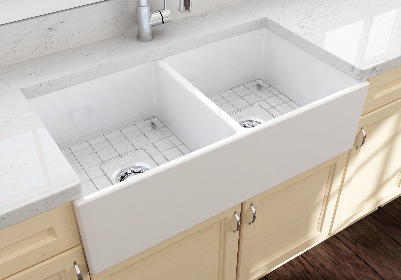 Contempo Apron Front Fireclay 36 in. Double Bowl Kitchen Sink with Protective Bottom Grids and Strainers 1350
