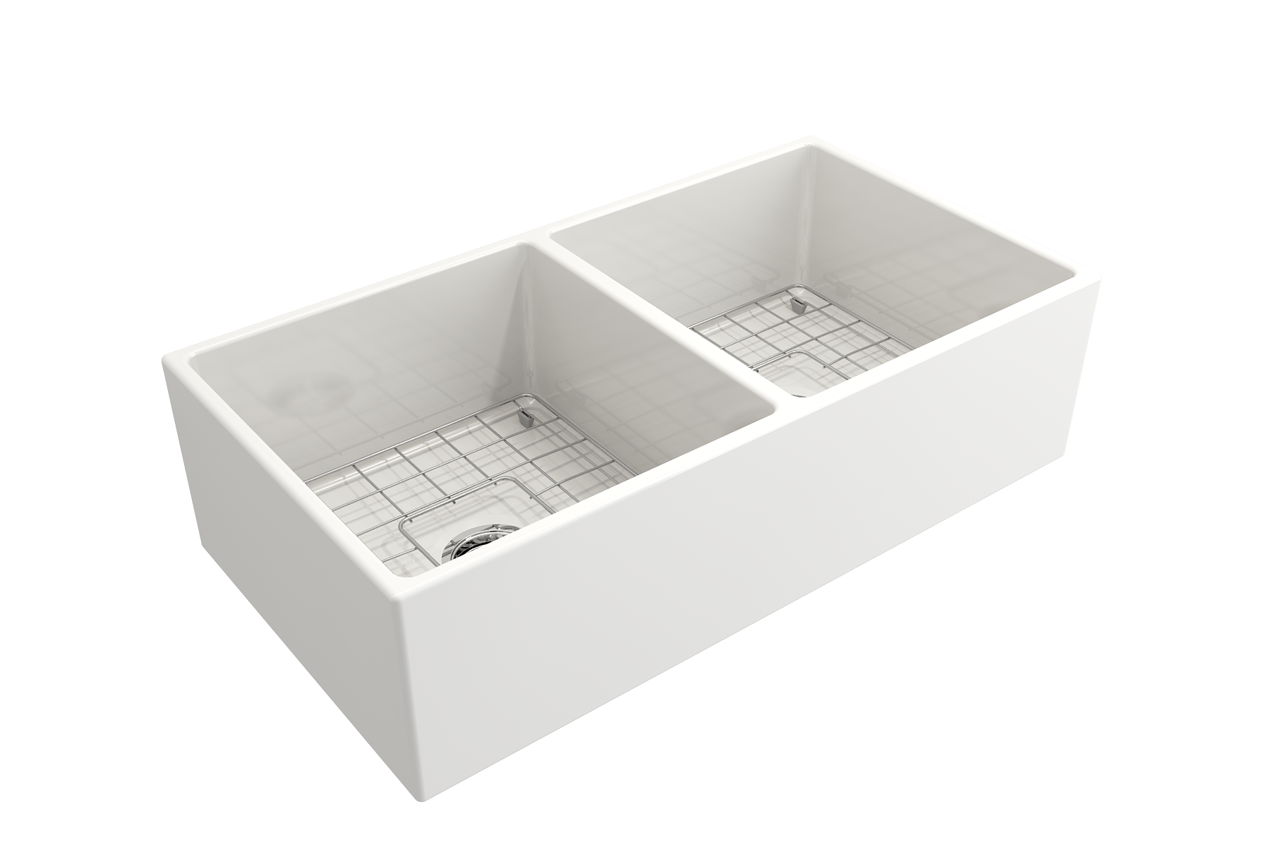 Contempo Apron Front Fireclay 36 in. Double Bowl Kitchen Sink with Protective Bottom Grids and Strainers 1350