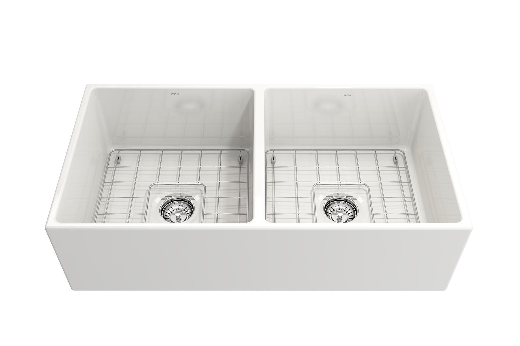 Contempo Apron Front Fireclay 36 in. Double Bowl Kitchen Sink with Protective Bottom Grids and Strainers 1350