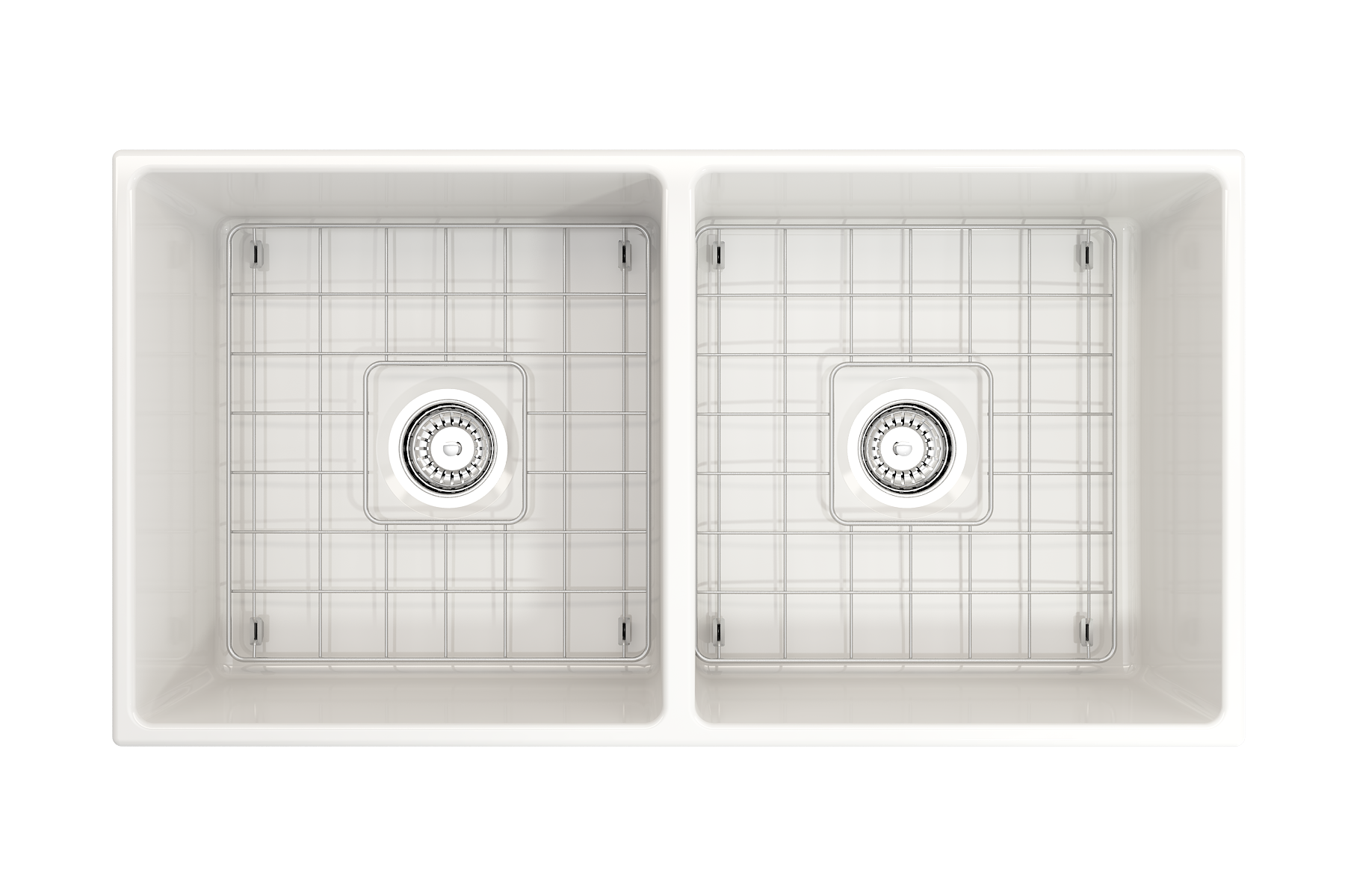 Contempo Apron Front Fireclay 36 in. Double Bowl Kitchen Sink with Protective Bottom Grids and Strainers 1350