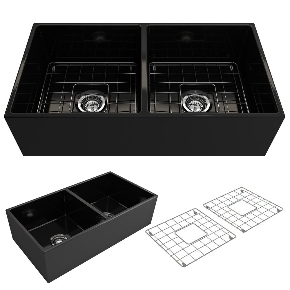 Contempo Apron Front Fireclay 36 in. Double Bowl Kitchen Sink with Protective Bottom Grids and Strainers 1350