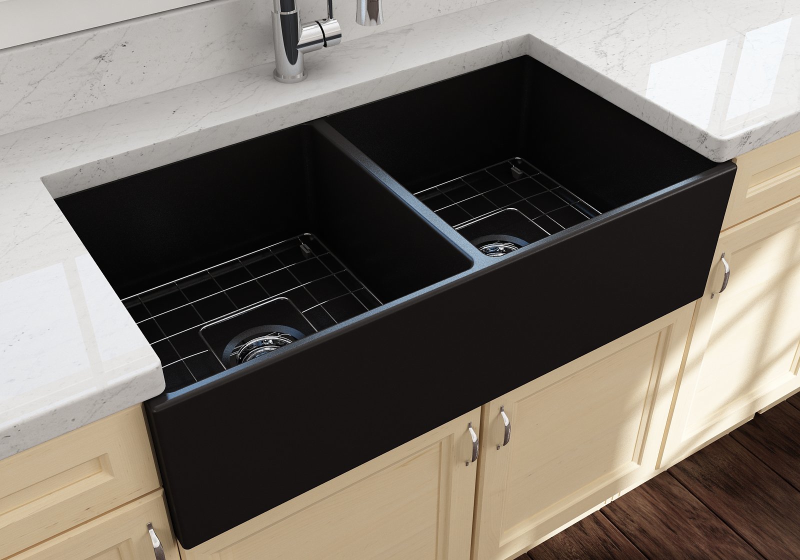 Contempo Apron Front Fireclay 36 in. Double Bowl Kitchen Sink with Protective Bottom Grids and Strainers 1350
