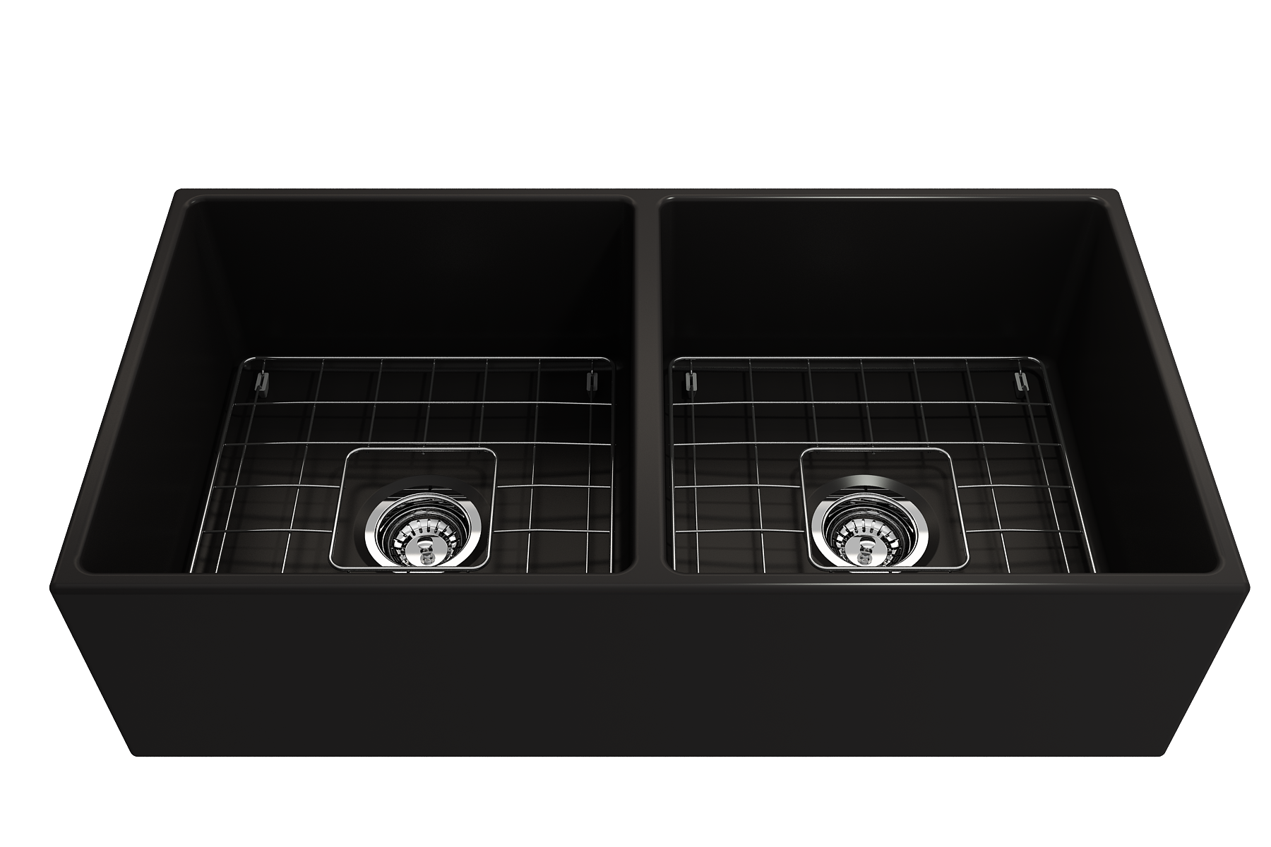 Contempo Apron Front Fireclay 36 in. Double Bowl Kitchen Sink with Protective Bottom Grids and Strainers 1350