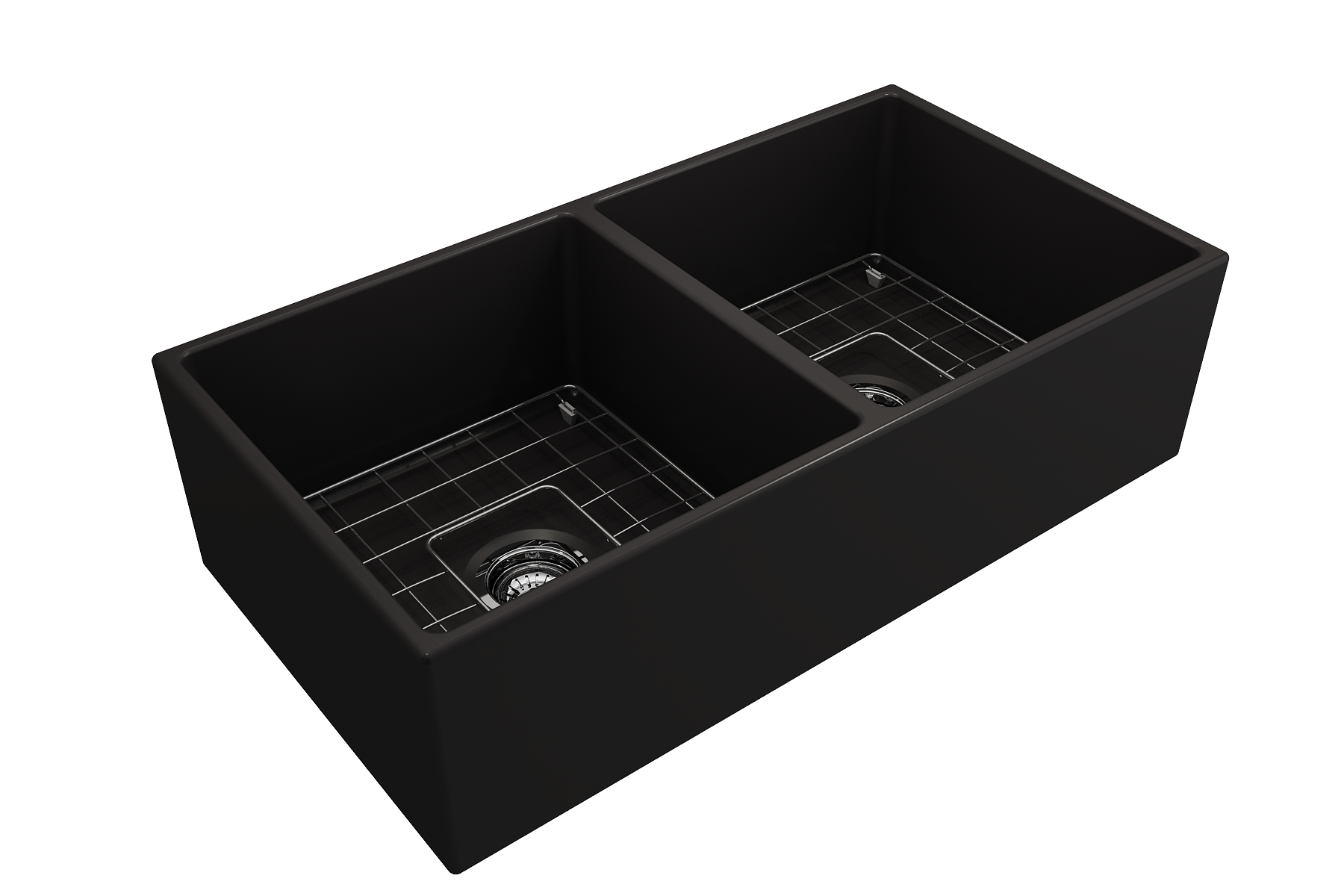 Contempo Apron Front Fireclay 36 in. Double Bowl Kitchen Sink with Protective Bottom Grids and Strainers 1350