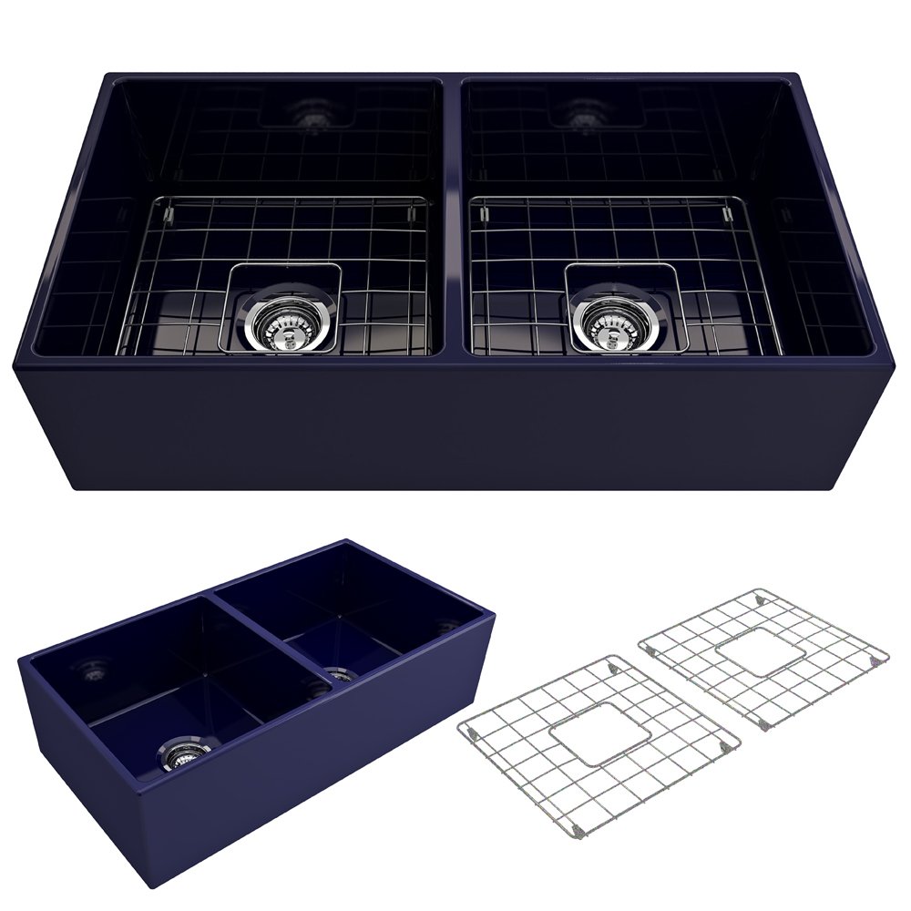 Contempo Apron Front Fireclay 36 in. Double Bowl Kitchen Sink with Protective Bottom Grids and Strainers 1350