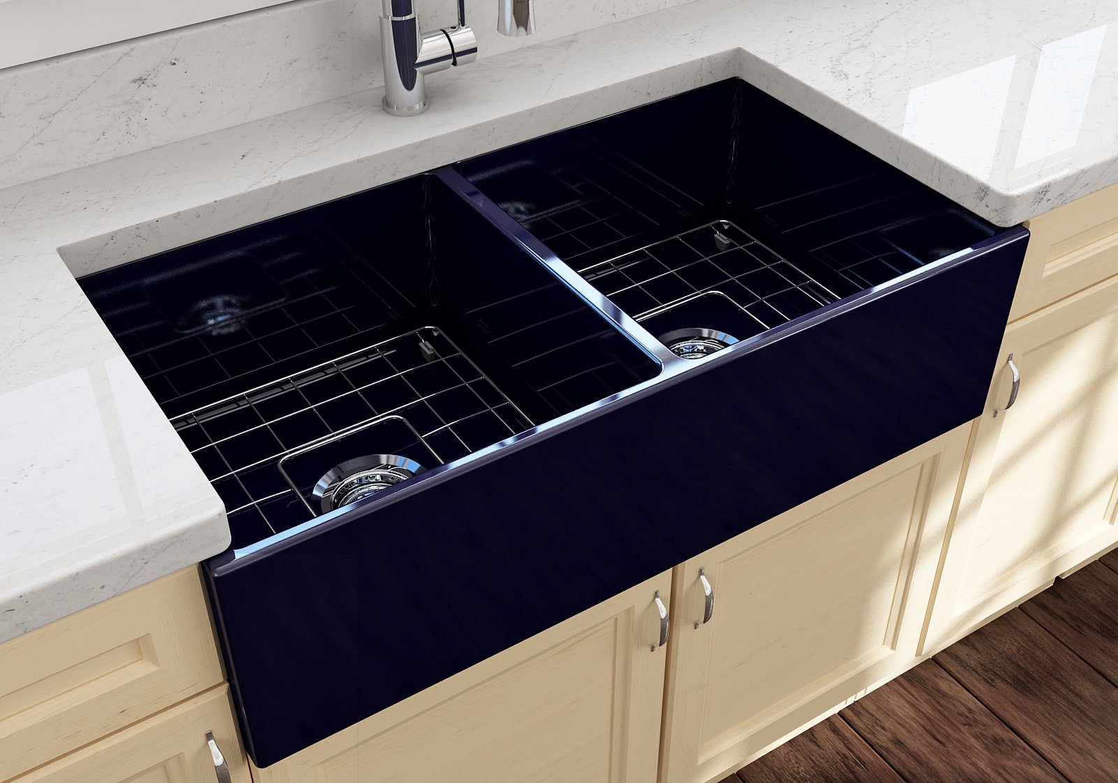 Contempo Apron Front Fireclay 36 in. Double Bowl Kitchen Sink with Protective Bottom Grids and Strainers 1350