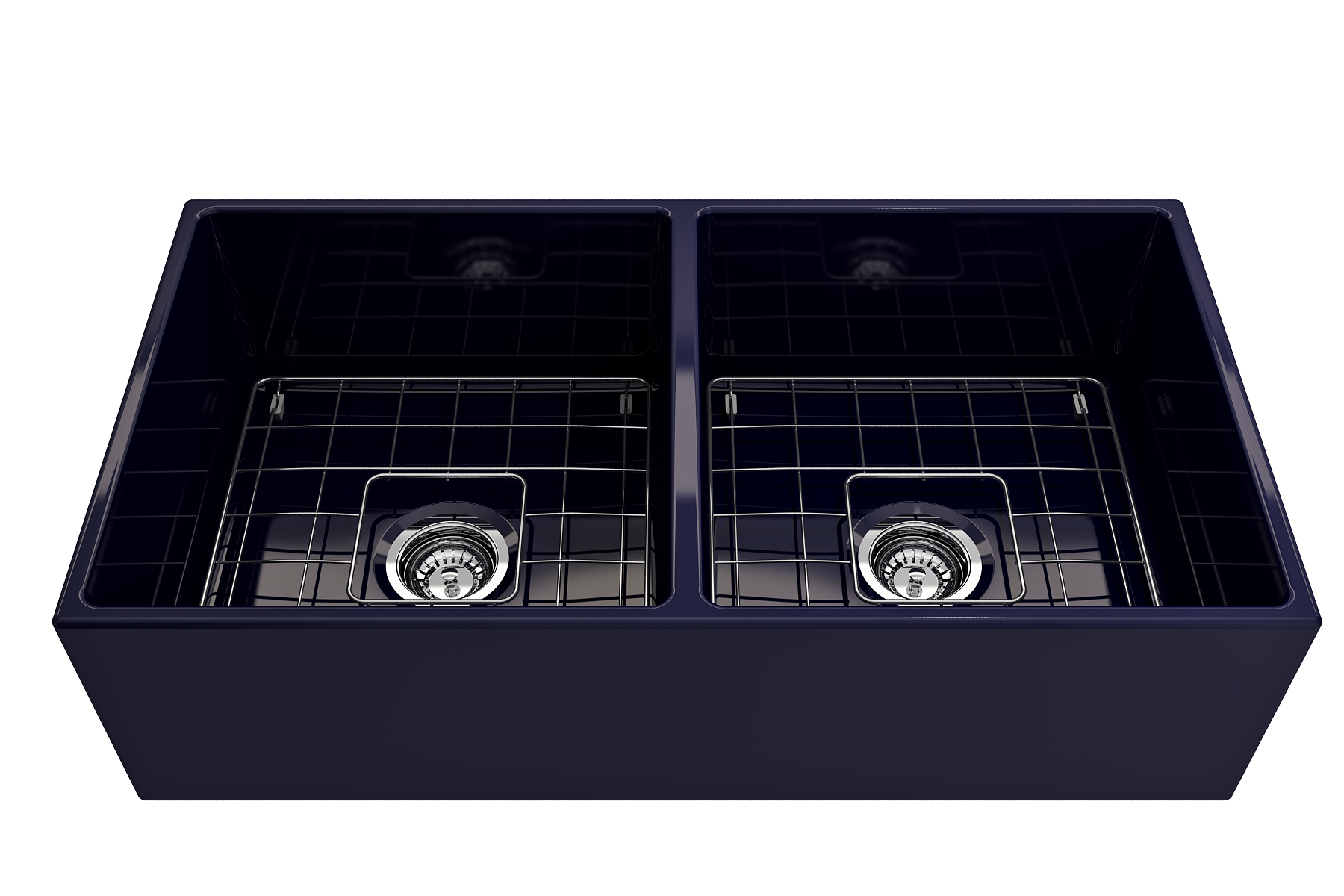 Contempo Apron Front Fireclay 36 in. Double Bowl Kitchen Sink with Protective Bottom Grids and Strainers 1350