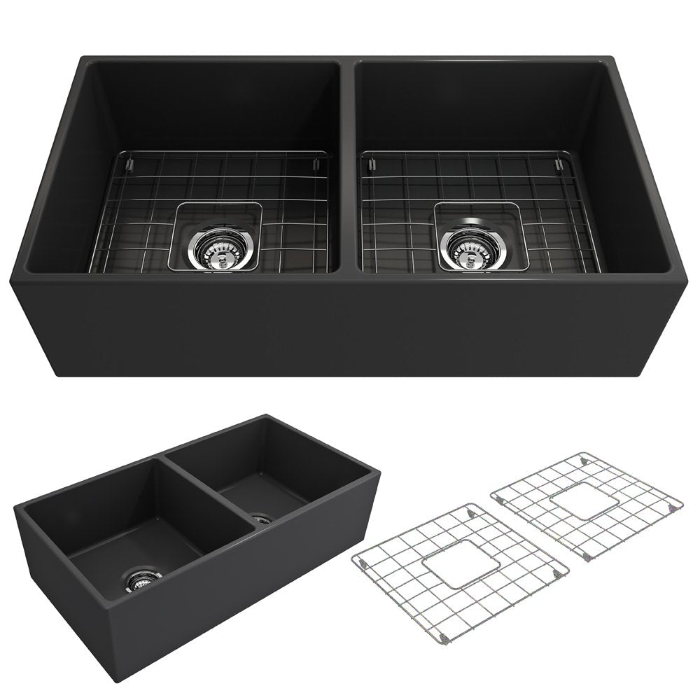 Contempo Apron Front Fireclay 36 in. Double Bowl Kitchen Sink with Protective Bottom Grids and Strainers 1350