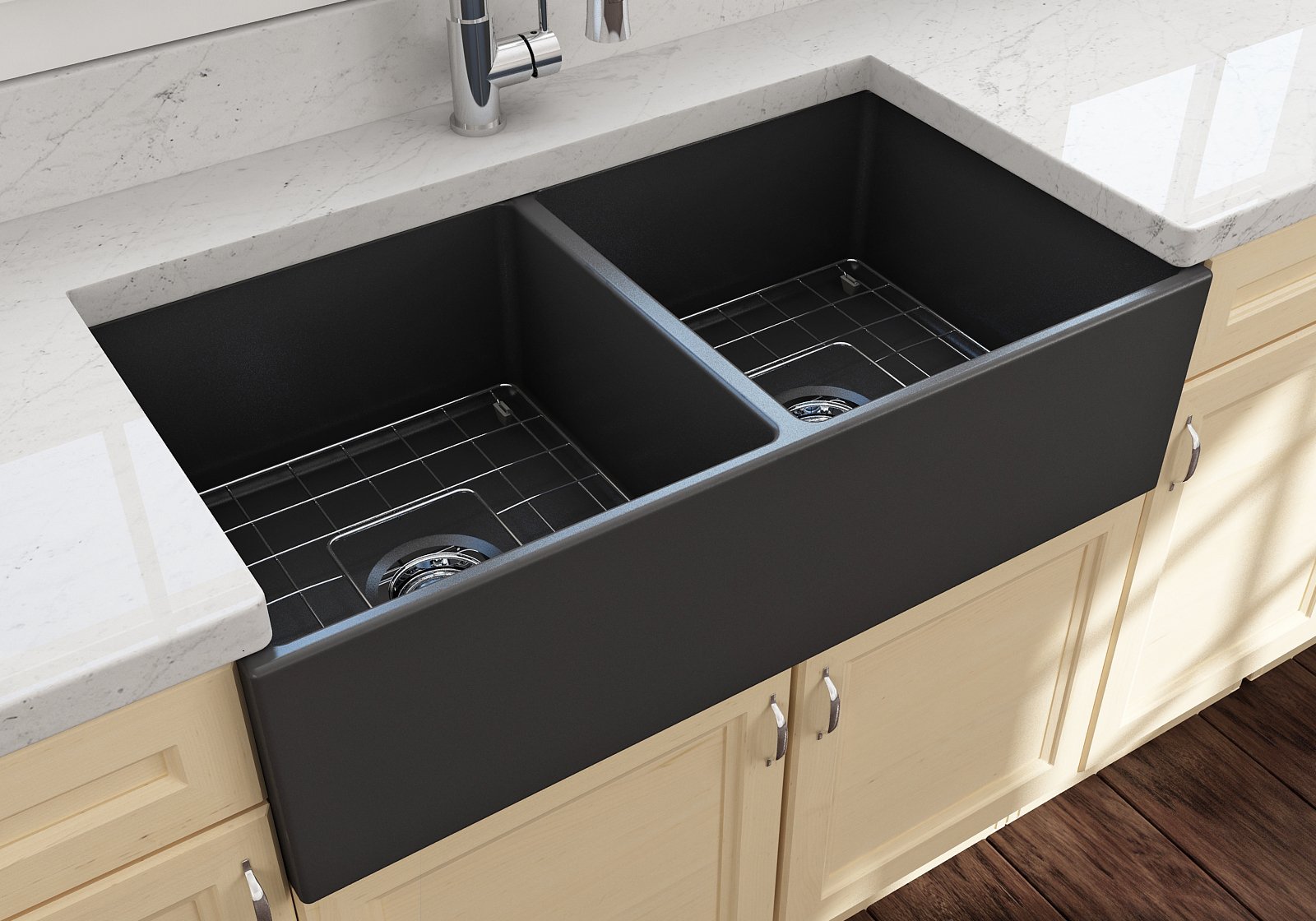 Contempo Apron Front Fireclay 36 in. Double Bowl Kitchen Sink with Protective Bottom Grids and Strainers 1350