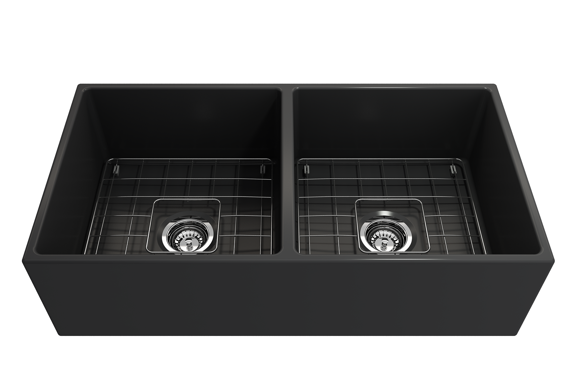 Contempo Apron Front Fireclay 36 in. Double Bowl Kitchen Sink with Protective Bottom Grids and Strainers 1350
