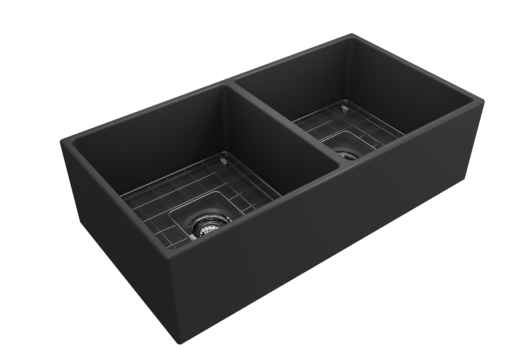 Contempo Apron Front Fireclay 36 in. Double Bowl Kitchen Sink with Protective Bottom Grids and Strainers 1350