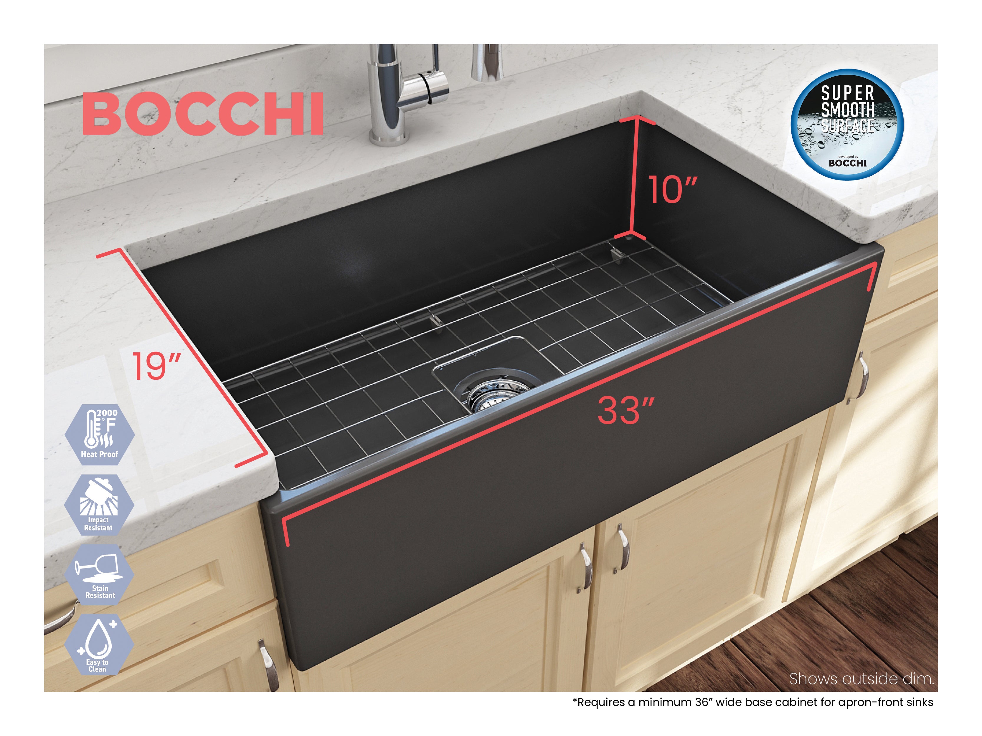 Contempo Apron Front Fireclay 33 in. Single Bowl Kitchen Sink with Protective Bottom Grid and Strainer 1352
