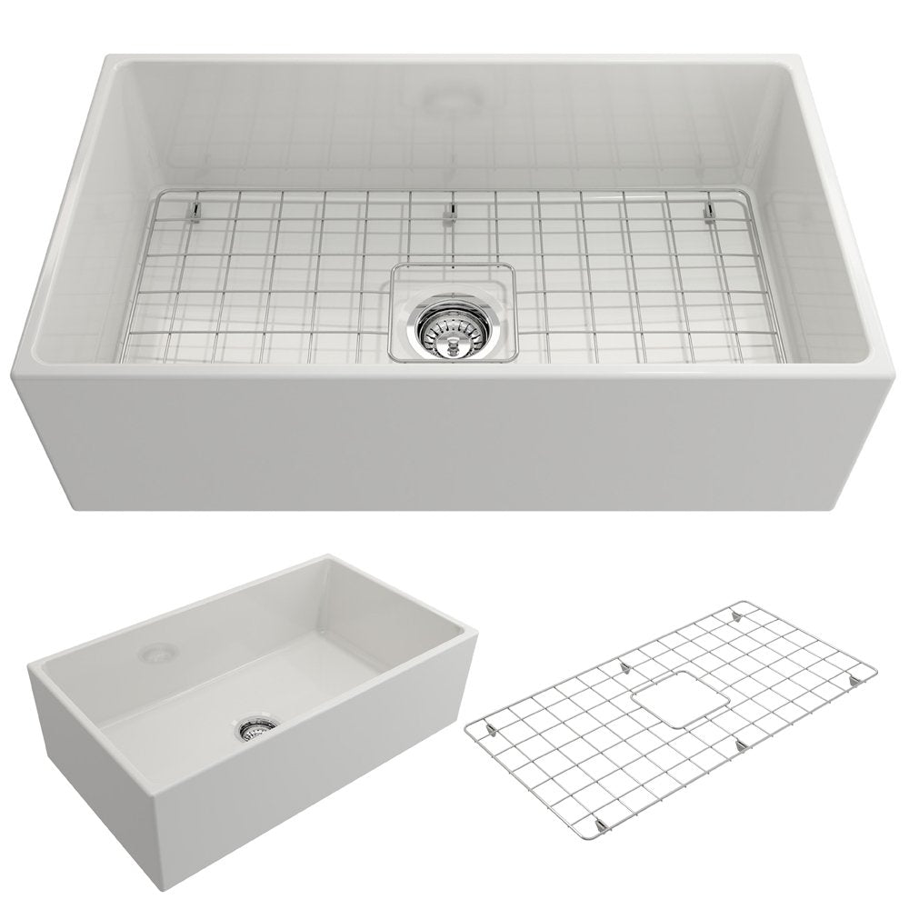 Contempo Apron Front Fireclay 33 in. Single Bowl Kitchen Sink with Protective Bottom Grid and Strainer 1352