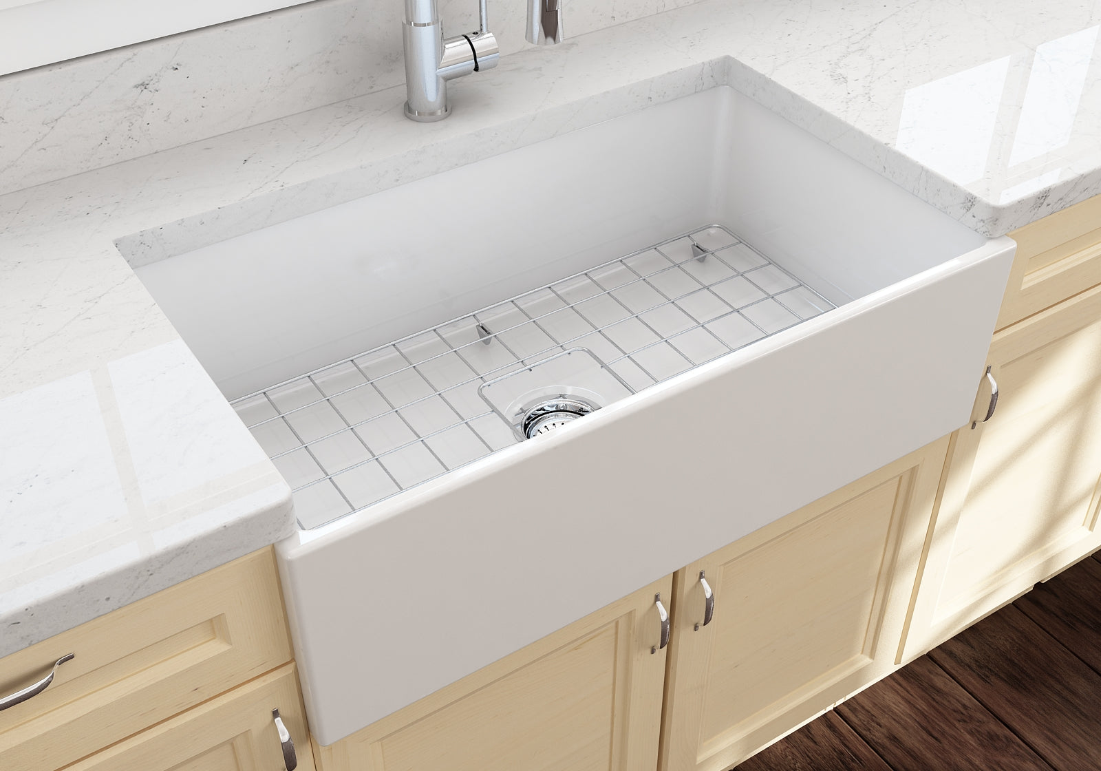 Contempo Apron Front Fireclay 33 in. Single Bowl Kitchen Sink with Protective Bottom Grid and Strainer 1352