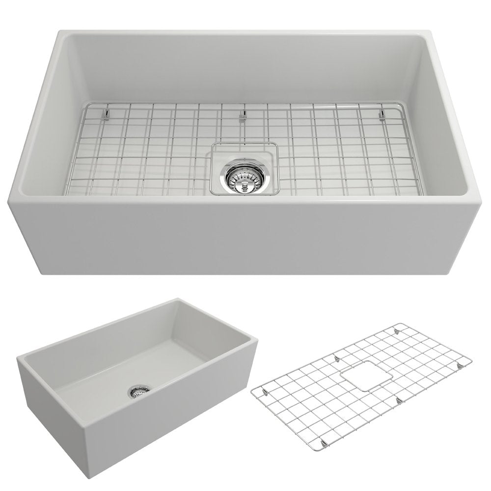 Contempo Apron Front Fireclay 33 in. Single Bowl Kitchen Sink with Protective Bottom Grid and Strainer 1352