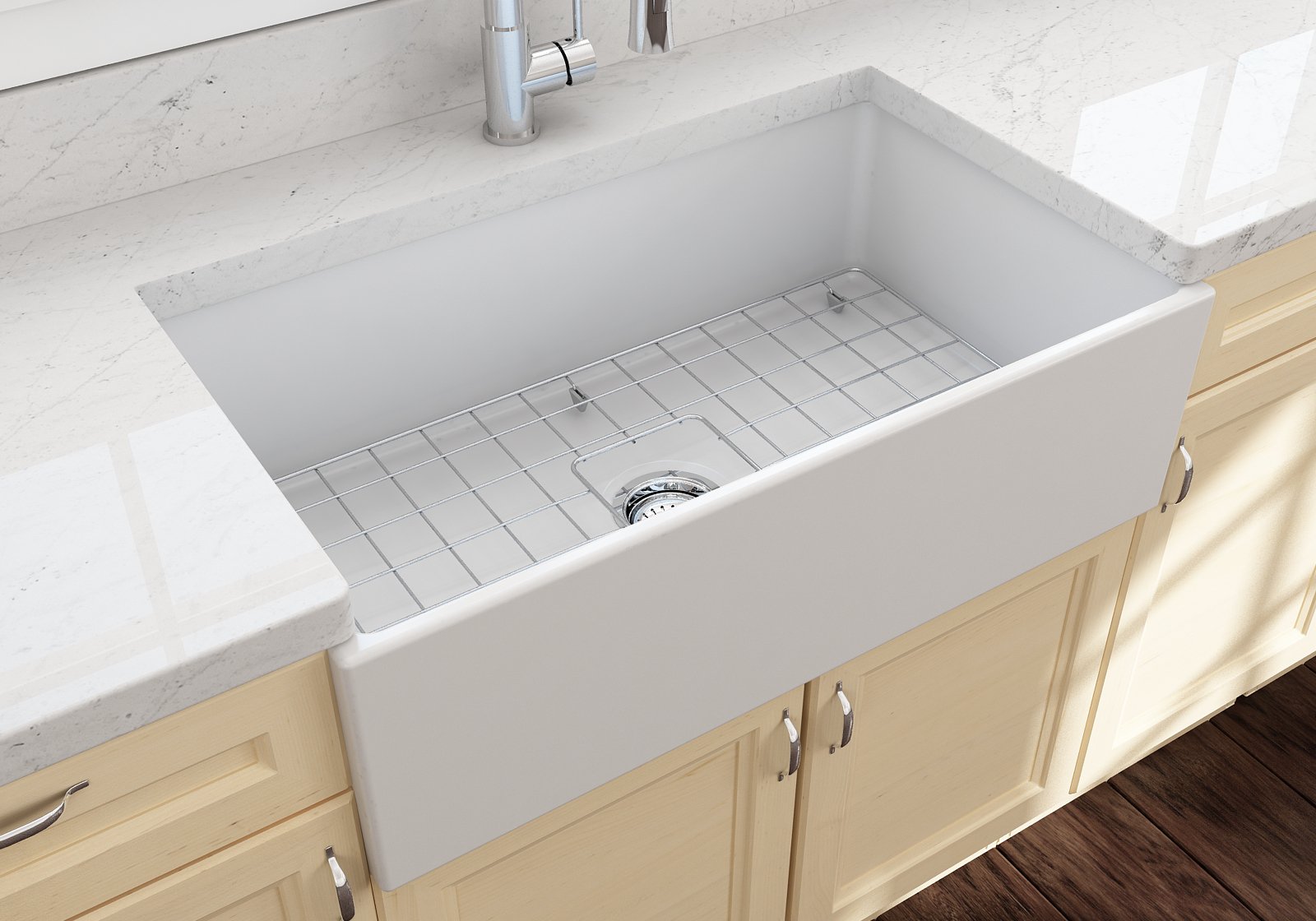 Contempo Apron Front Fireclay 33 in. Single Bowl Kitchen Sink with Protective Bottom Grid and Strainer 1352