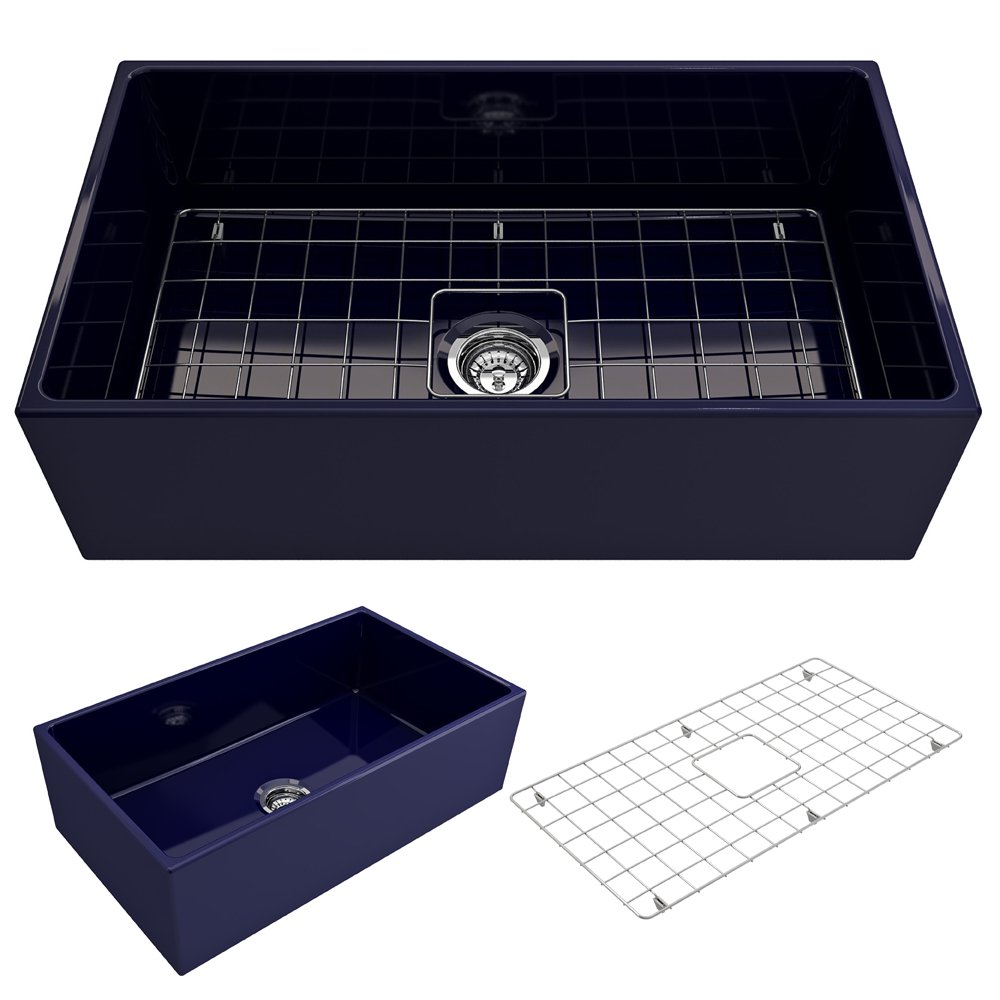 Contempo Apron Front Fireclay 33 in. Single Bowl Kitchen Sink with Protective Bottom Grid and Strainer 1352