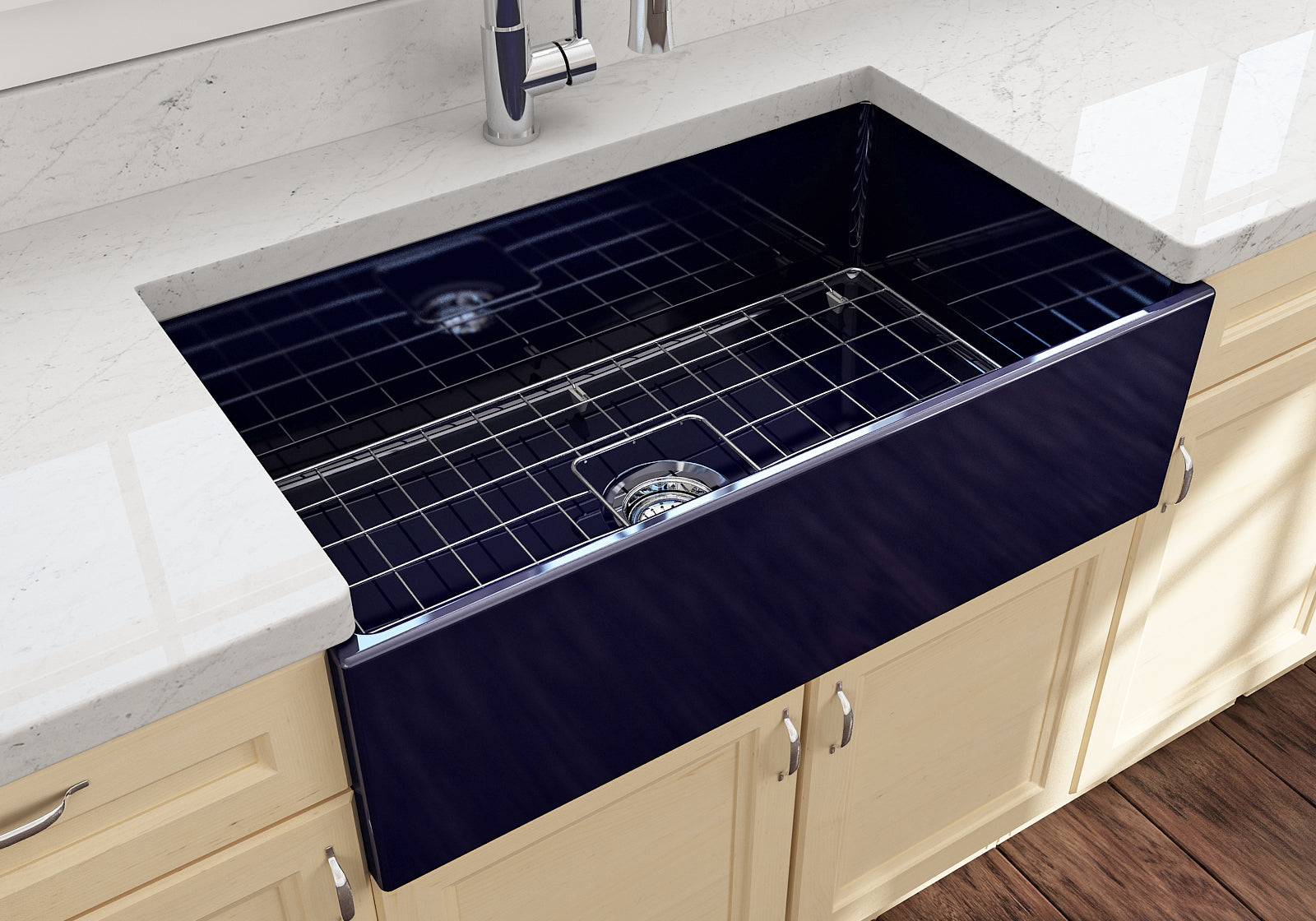 Contempo Apron Front Fireclay 33 in. Single Bowl Kitchen Sink with Protective Bottom Grid and Strainer 1352