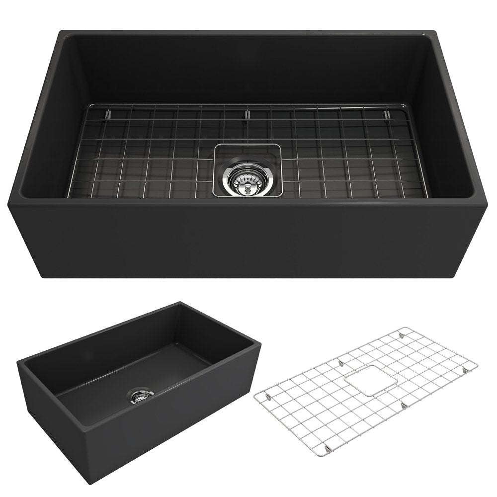 Contempo Apron Front Fireclay 33 in. Single Bowl Kitchen Sink with Protective Bottom Grid and Strainer 1352